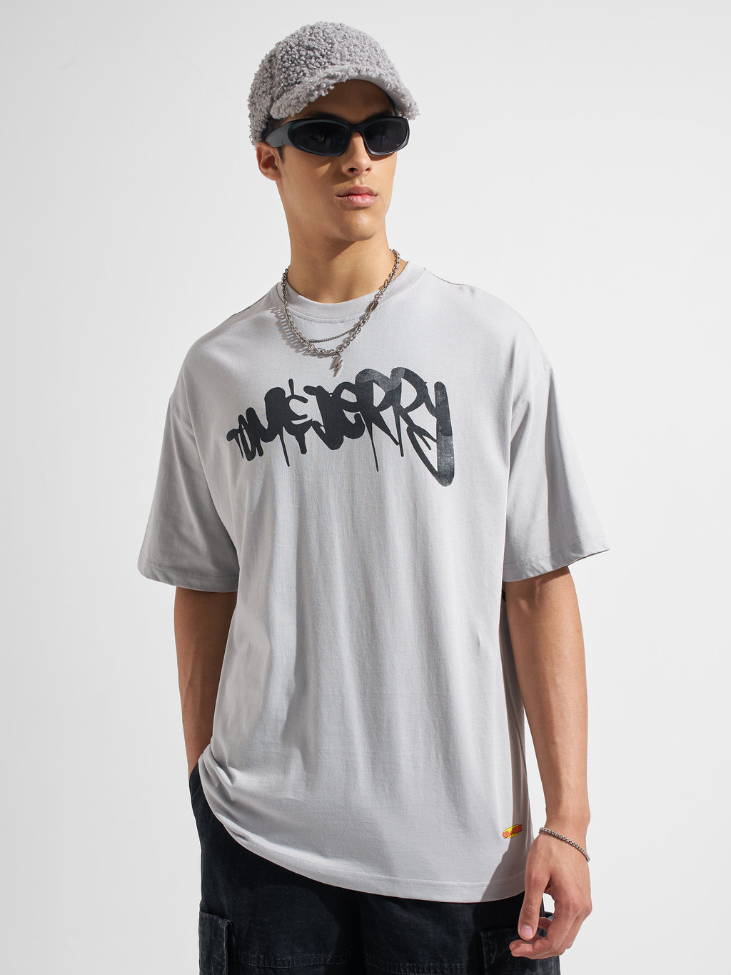 WB By Highlander Men Grey Tom And Jerry Printed Round Neck Oversized Fit T-Shirt