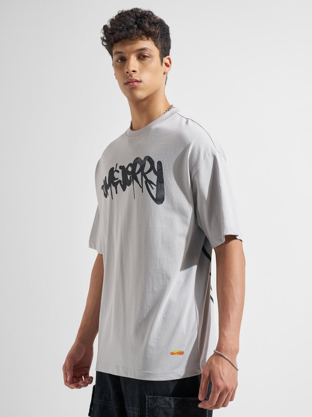 WB By Highlander Men Grey Tom And Jerry Printed Round Neck Oversized Fit T-Shirt