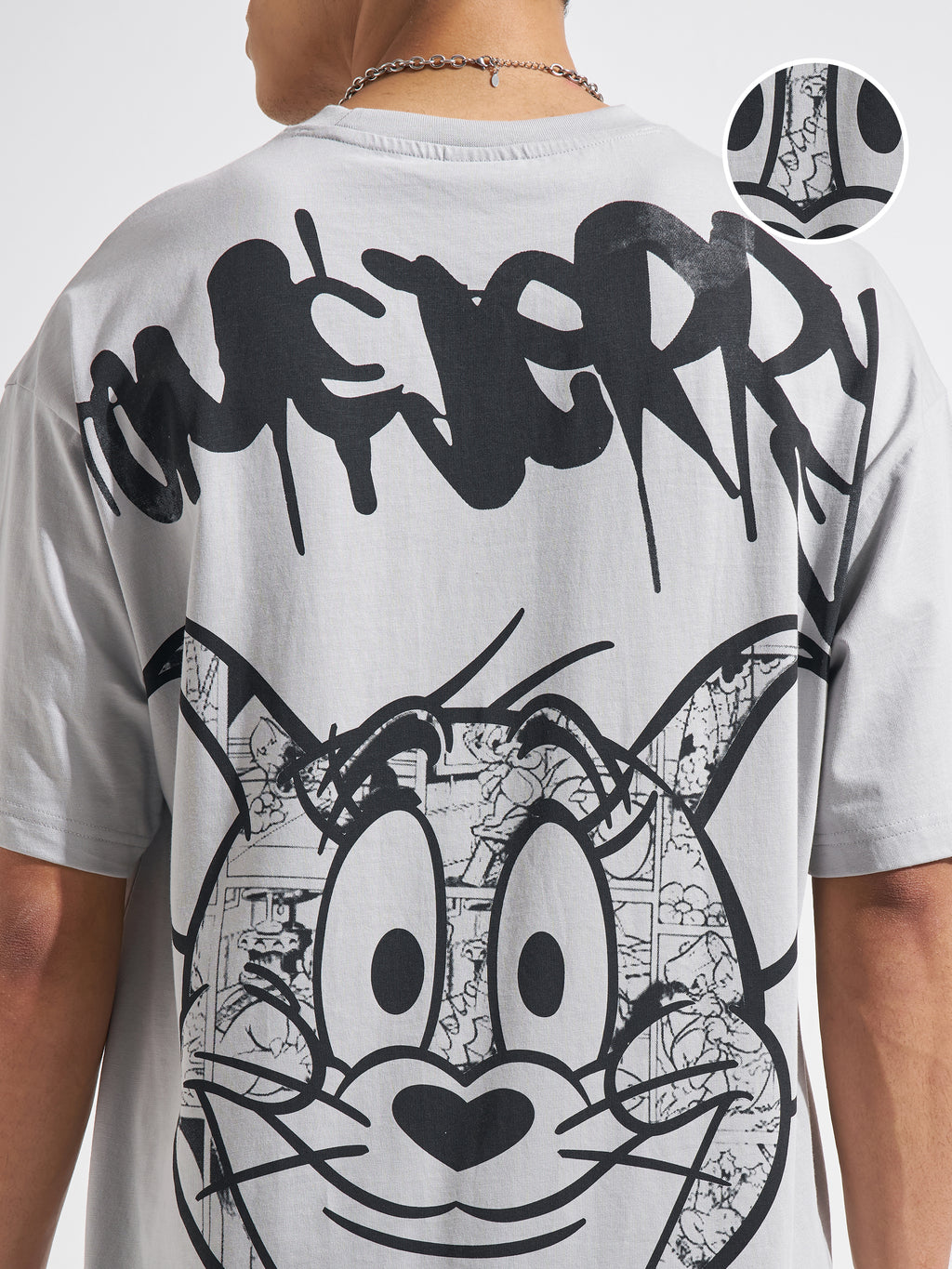 WB By Highlander Men Grey Tom And Jerry Printed Round Neck Oversized Fit T-Shirt
