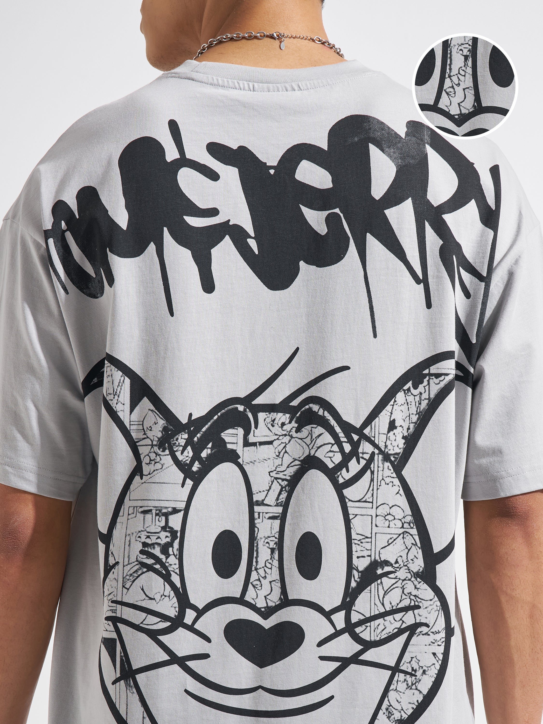 WB By Highlander Men Grey Tom And Jerry Printed Round Neck Oversized Fit T-Shirt