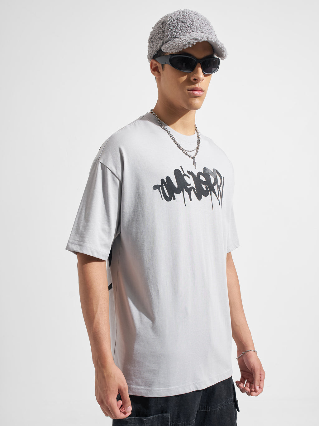 WB By Highlander Men Grey Tom And Jerry Printed Round Neck Oversized Fit T-Shirt