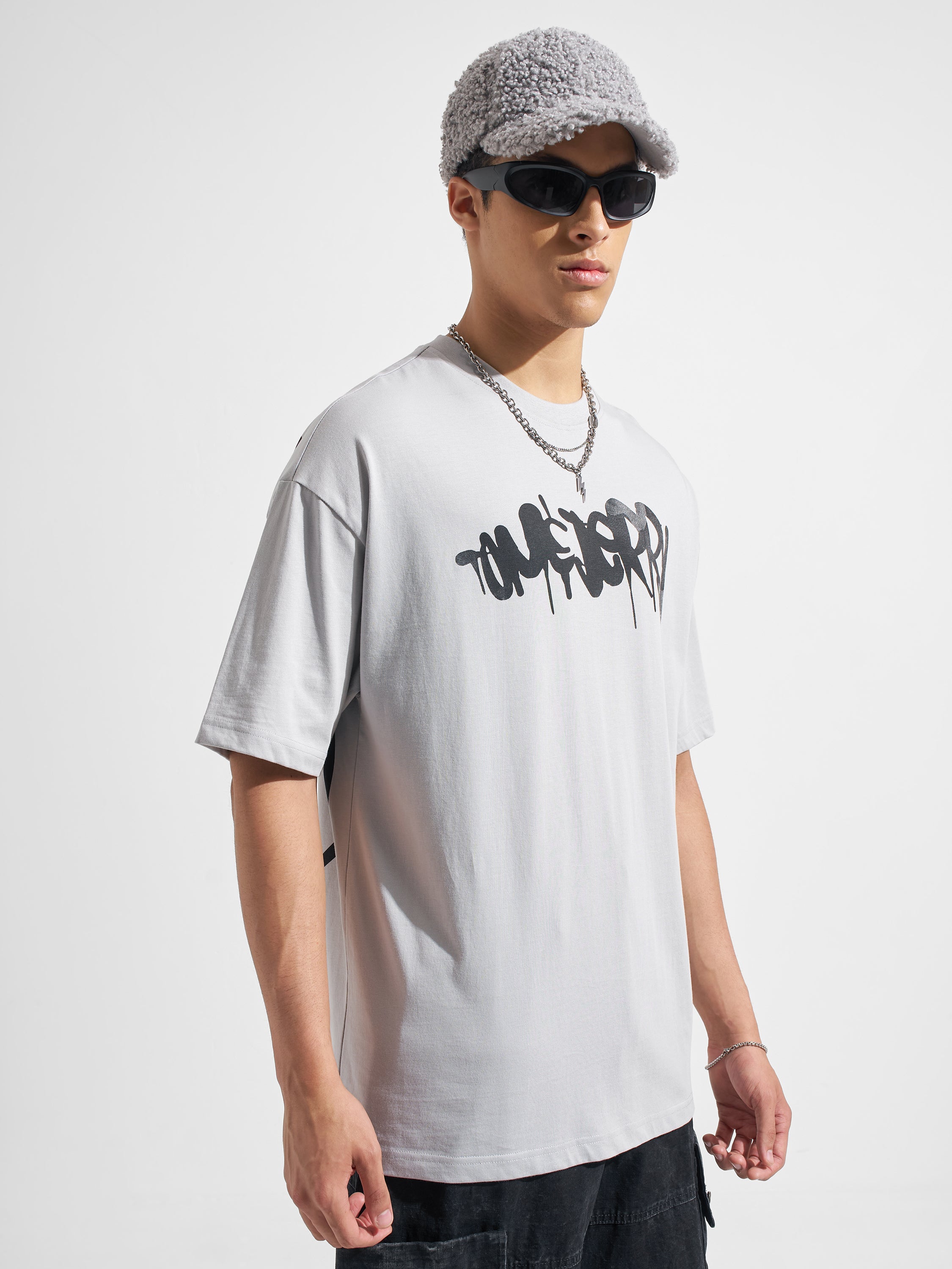 WB By Highlander Men Grey Tom And Jerry Printed Round Neck Oversized Fit T-Shirt