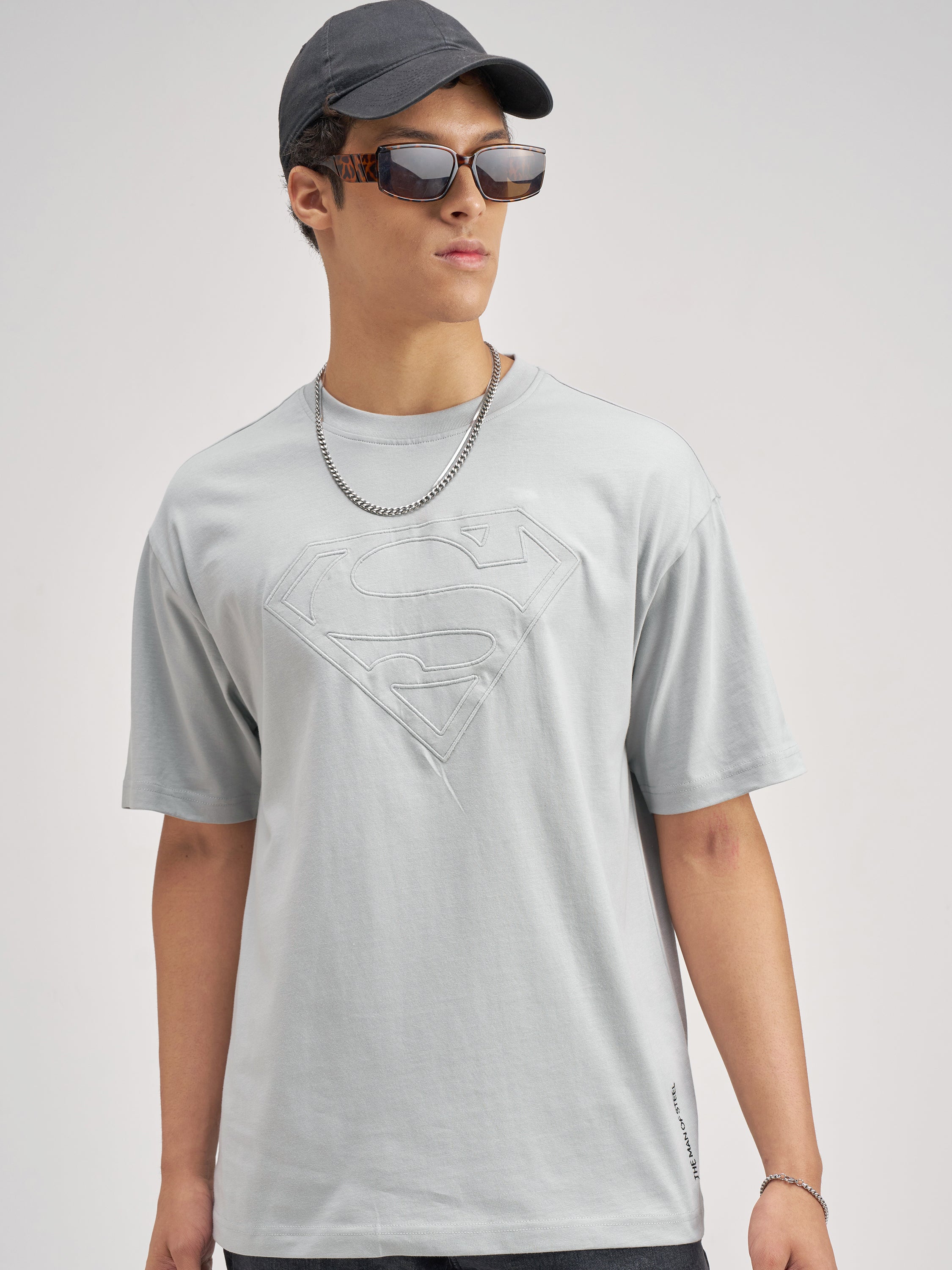 DC By Highlander Men Grey Superman Embroidered Round Neck T-Shirt - Grey - Image 1