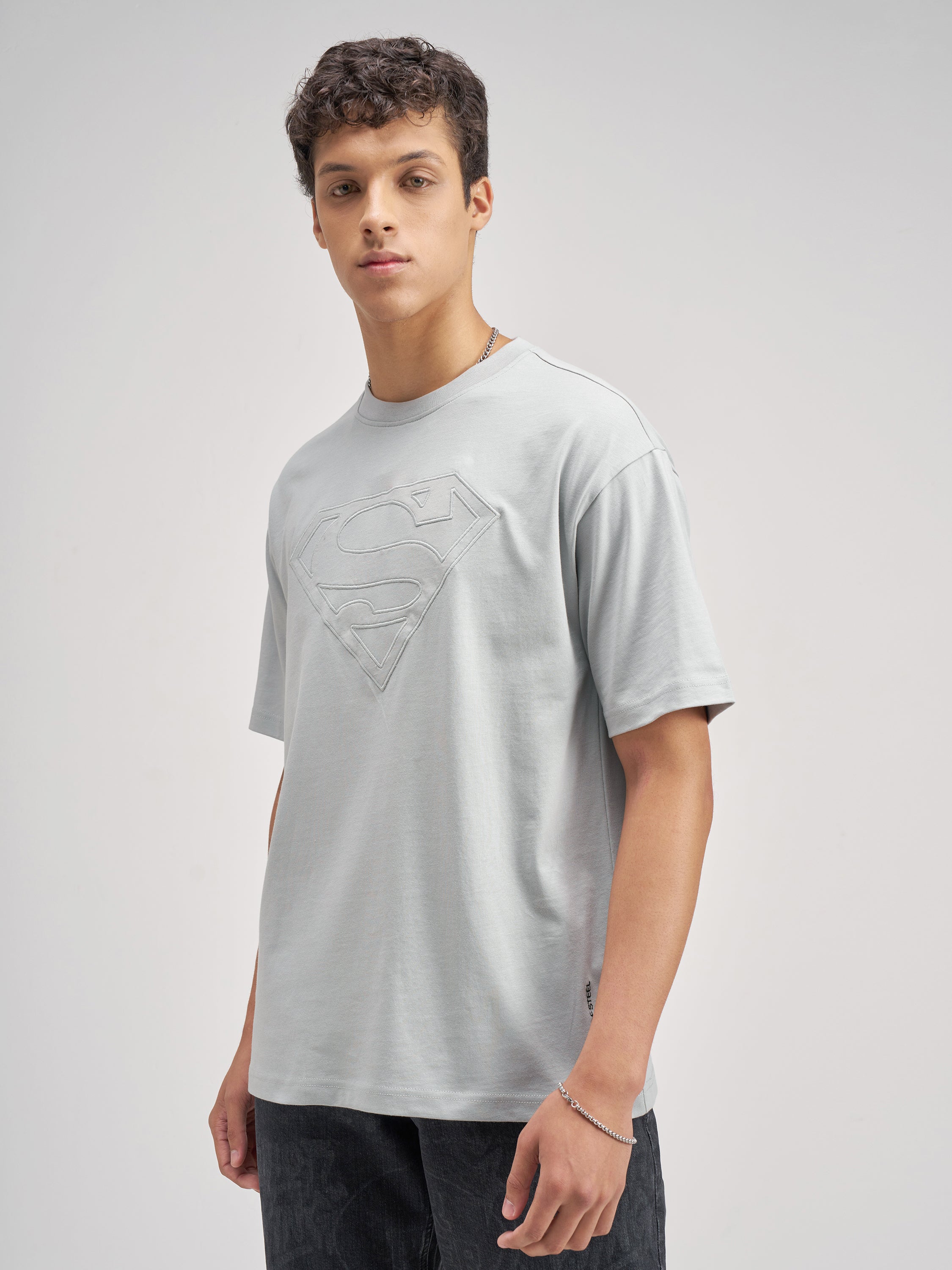 DC By Highlander Men Grey Superman Embroidered Round Neck T-Shirt - Grey - Image 4