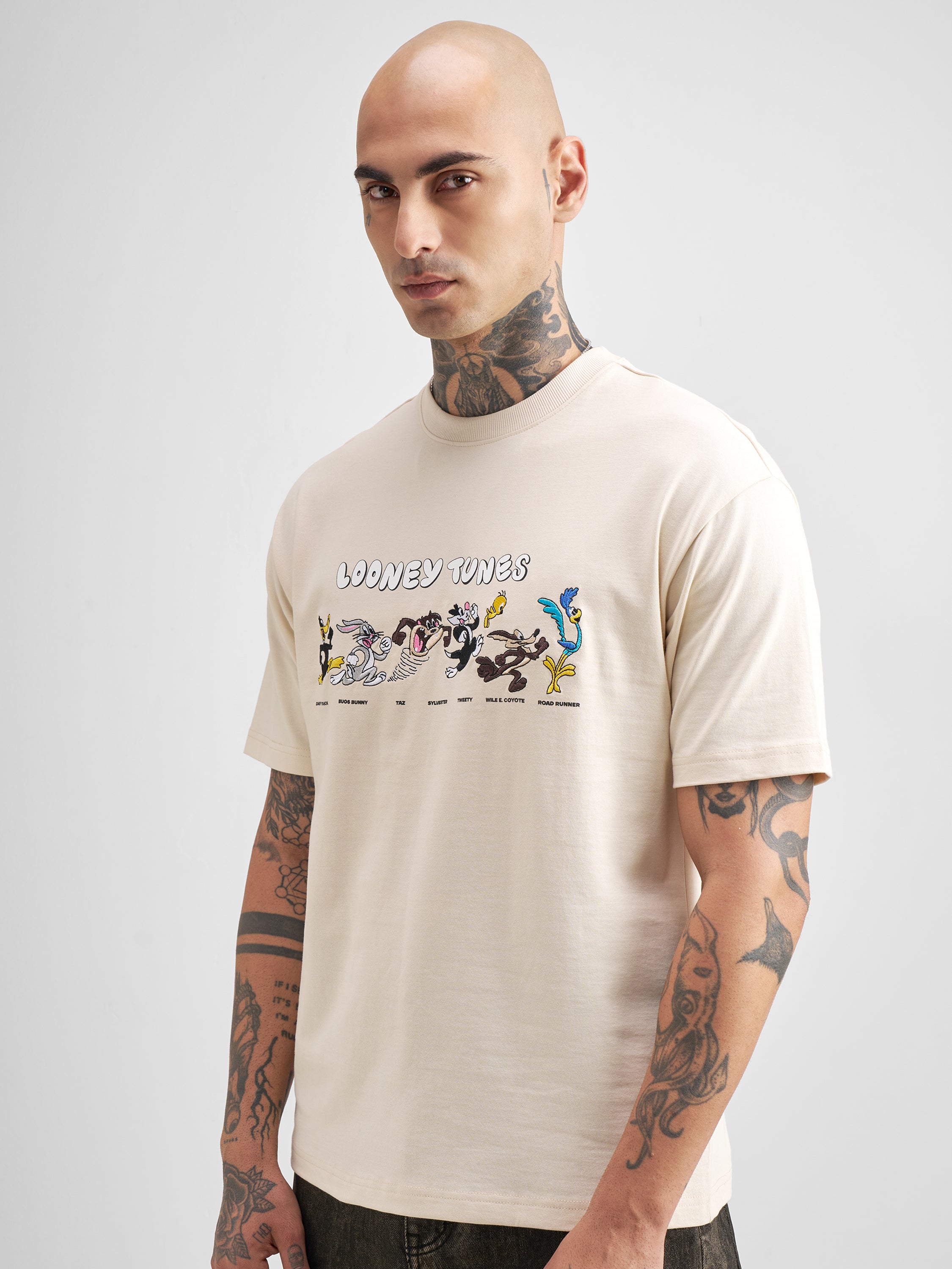 WB By Highlander Men Cream Looney Tunes Embroidered Round Neck T-Shirt - Cream - Image 4