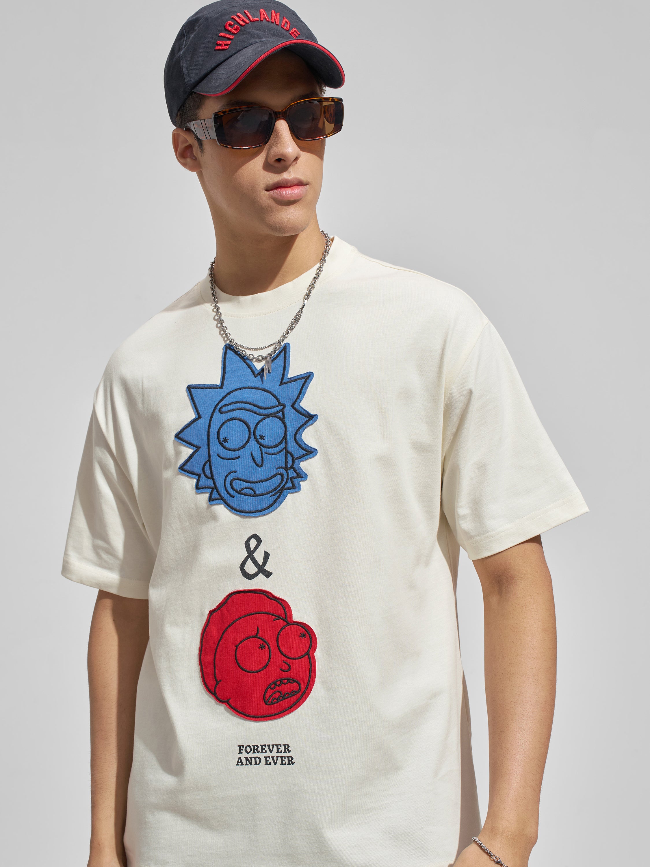 WB By Highlander Men Cream Rick And Morty Printed Round Neck T-Shirt