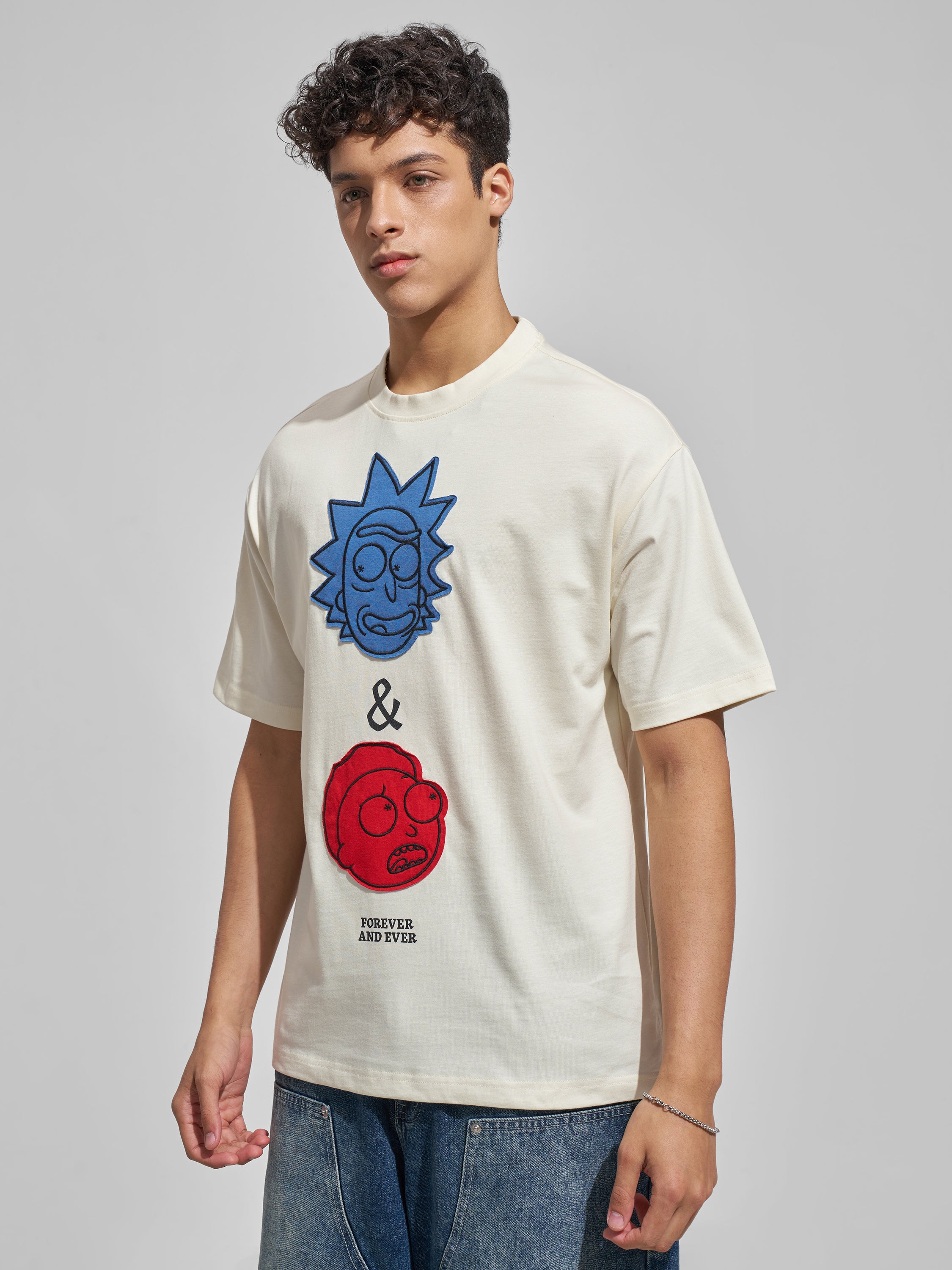 WB By Highlander Men Cream Rick And Morty Printed Round Neck T-Shirt
