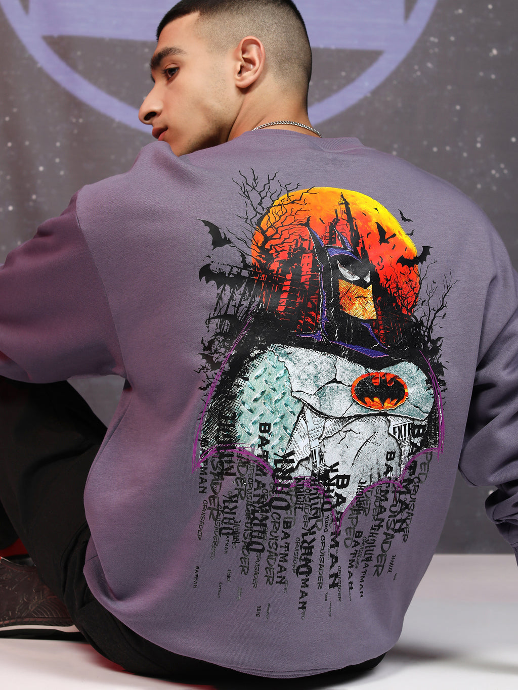 DC By Highlander Men Purple Batman Round Neck Pullover Sweatshirt - Purple - Image 3