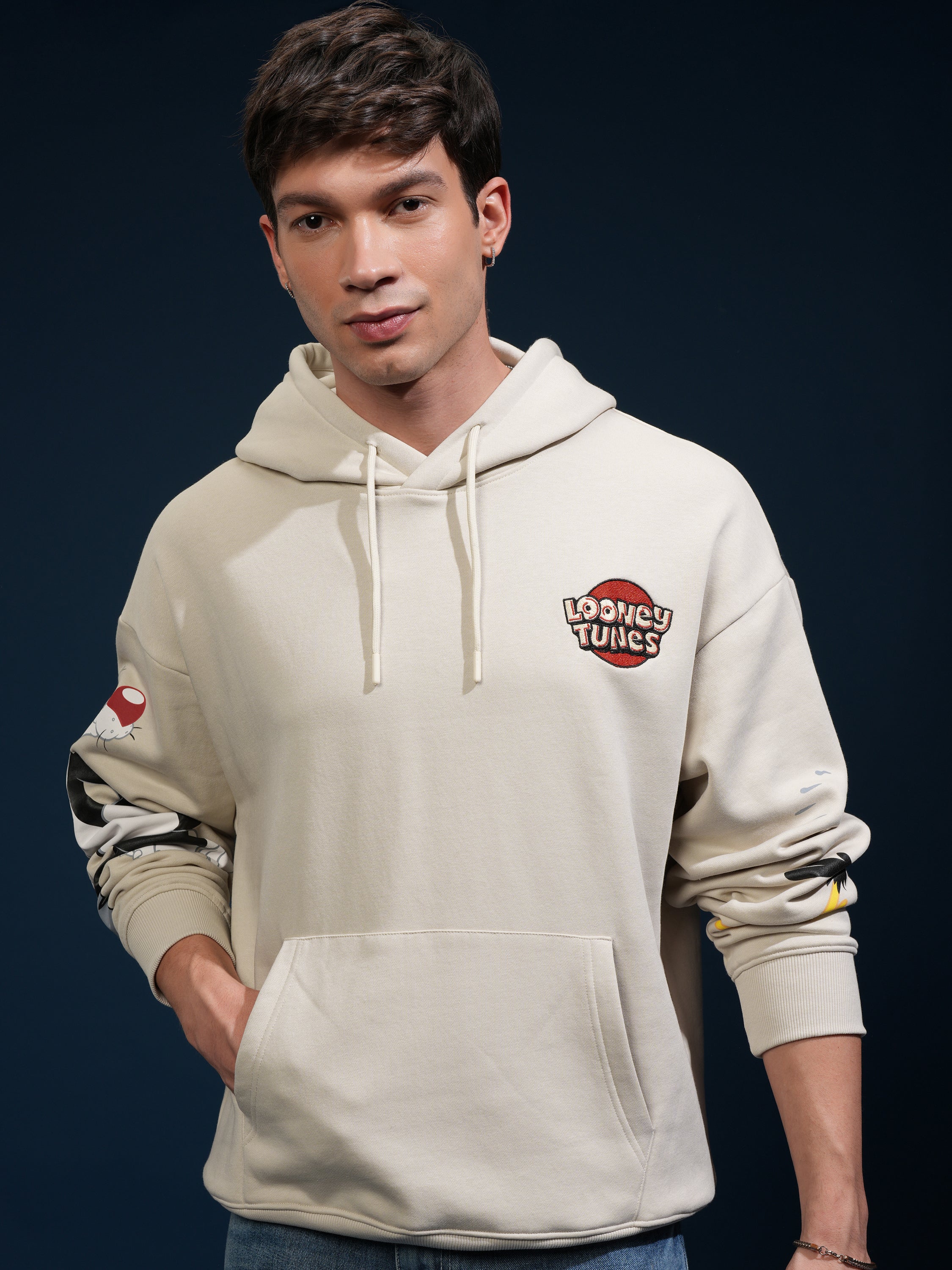 WB By Highlander Men Beige Looney Tunes Hooded Pullover Sweatshirt - Beige - Image 1