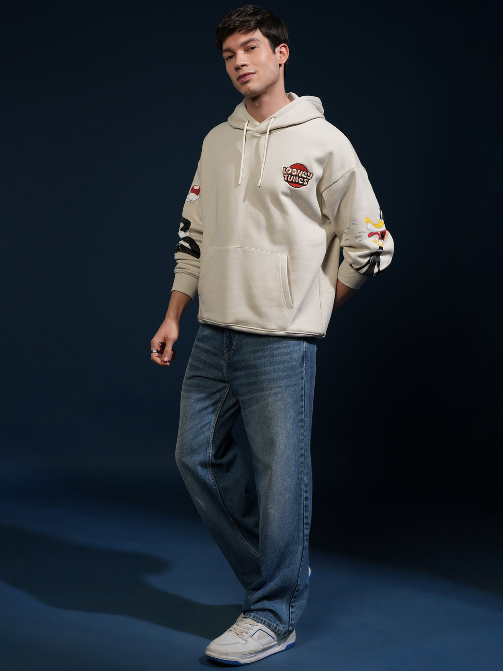 WB By Highlander Men Beige Looney Tunes Hooded Pullover Sweatshirt - Beige - Image 2