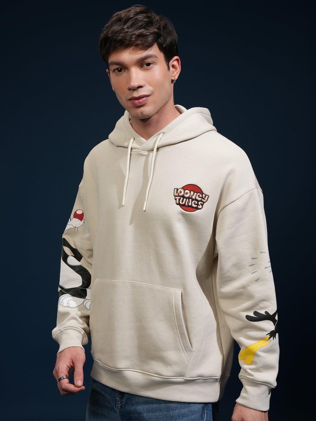 WB By Highlander Men Beige Looney Tunes Hooded Pullover Sweatshirt - Beige - Image 4