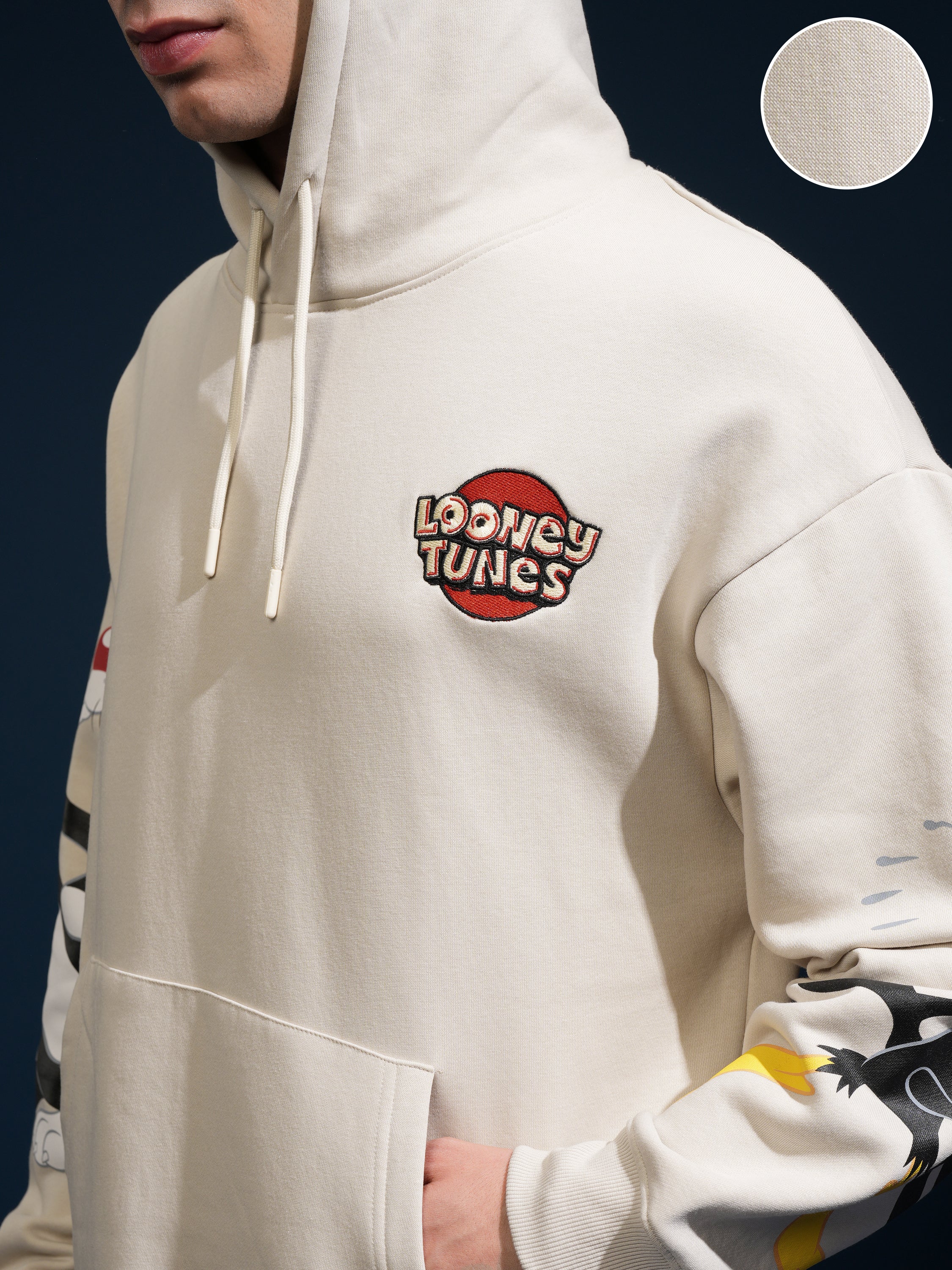WB By Highlander Men Beige Looney Tunes Hooded Pullover Sweatshirt - Beige - Image 5
