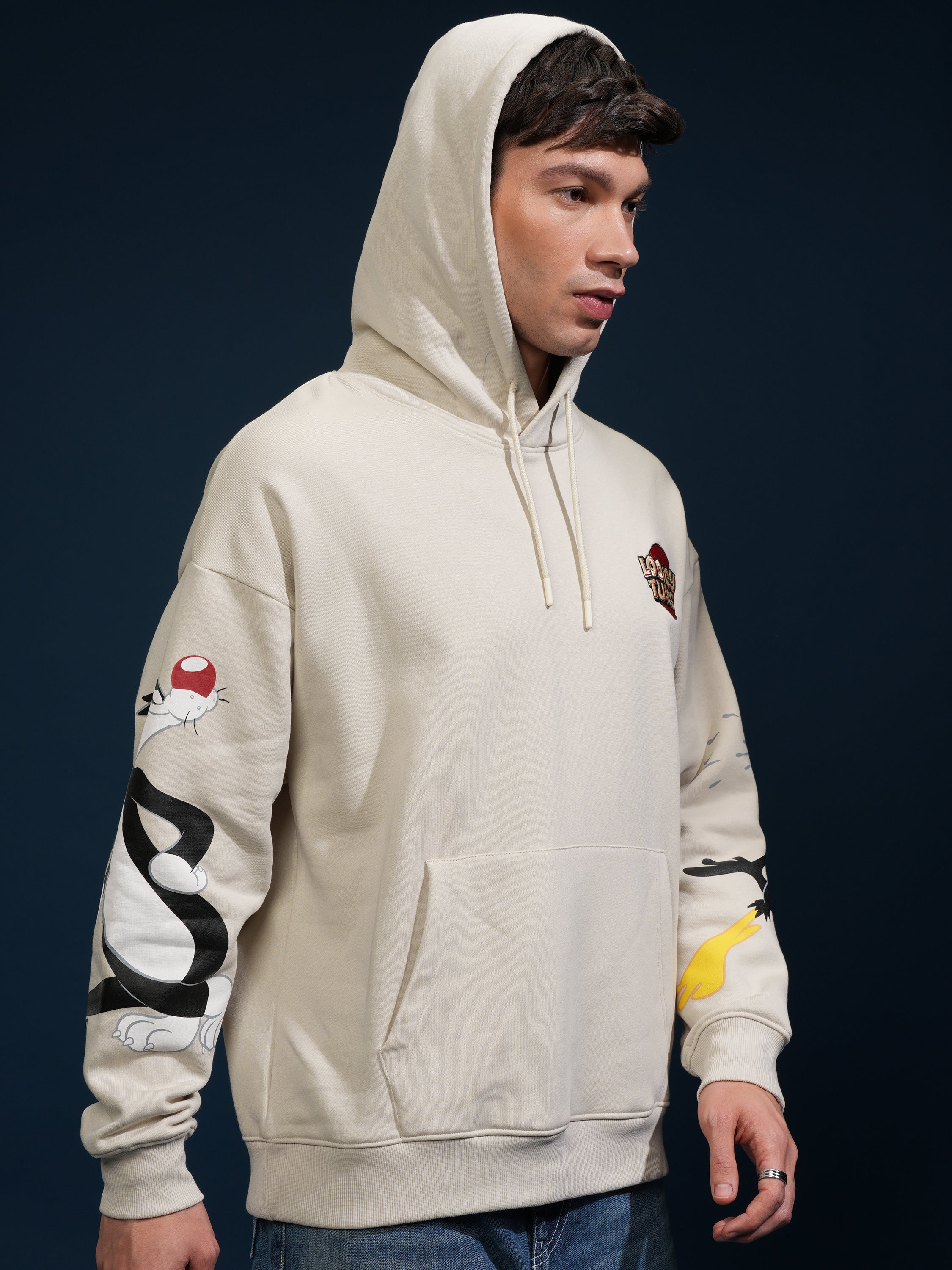 WB By Highlander Men Beige Looney Tunes Hooded Pullover Sweatshirt - Beige - Image 6