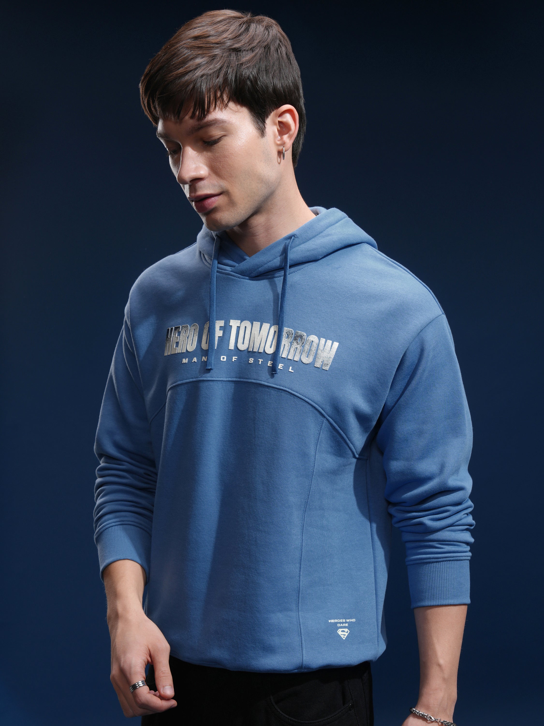 DC By Highlander Men Blue Superman Hooded Pullover Sweatshirt - Blue - Image 4