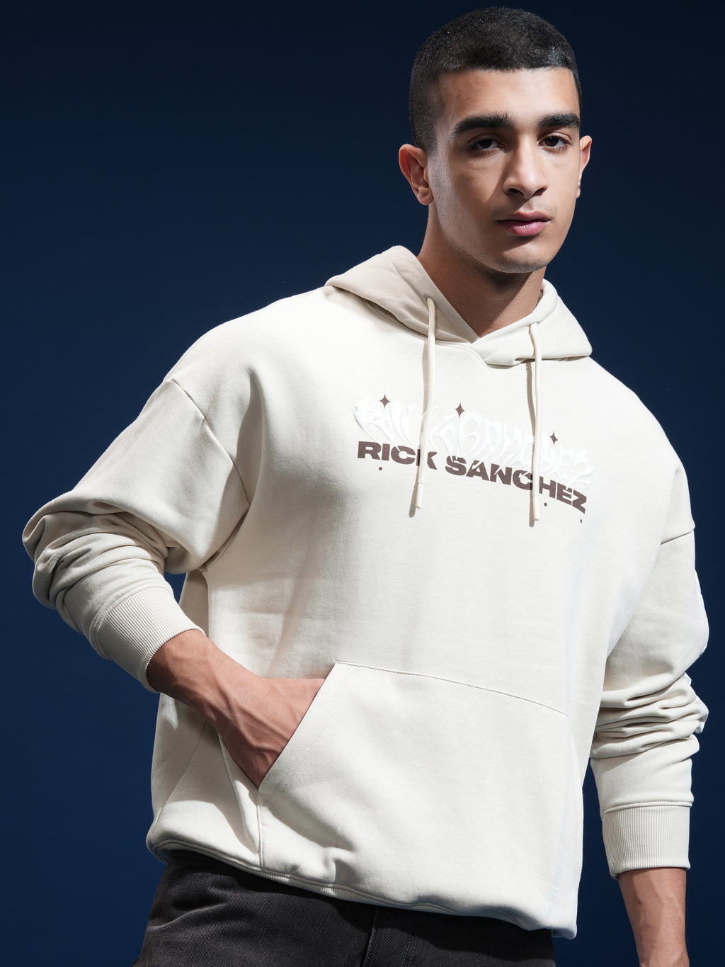 WB By Highlander Men Beige Rick Sanchez Hooded Pullover Sweatshirt - Beige - Image 3