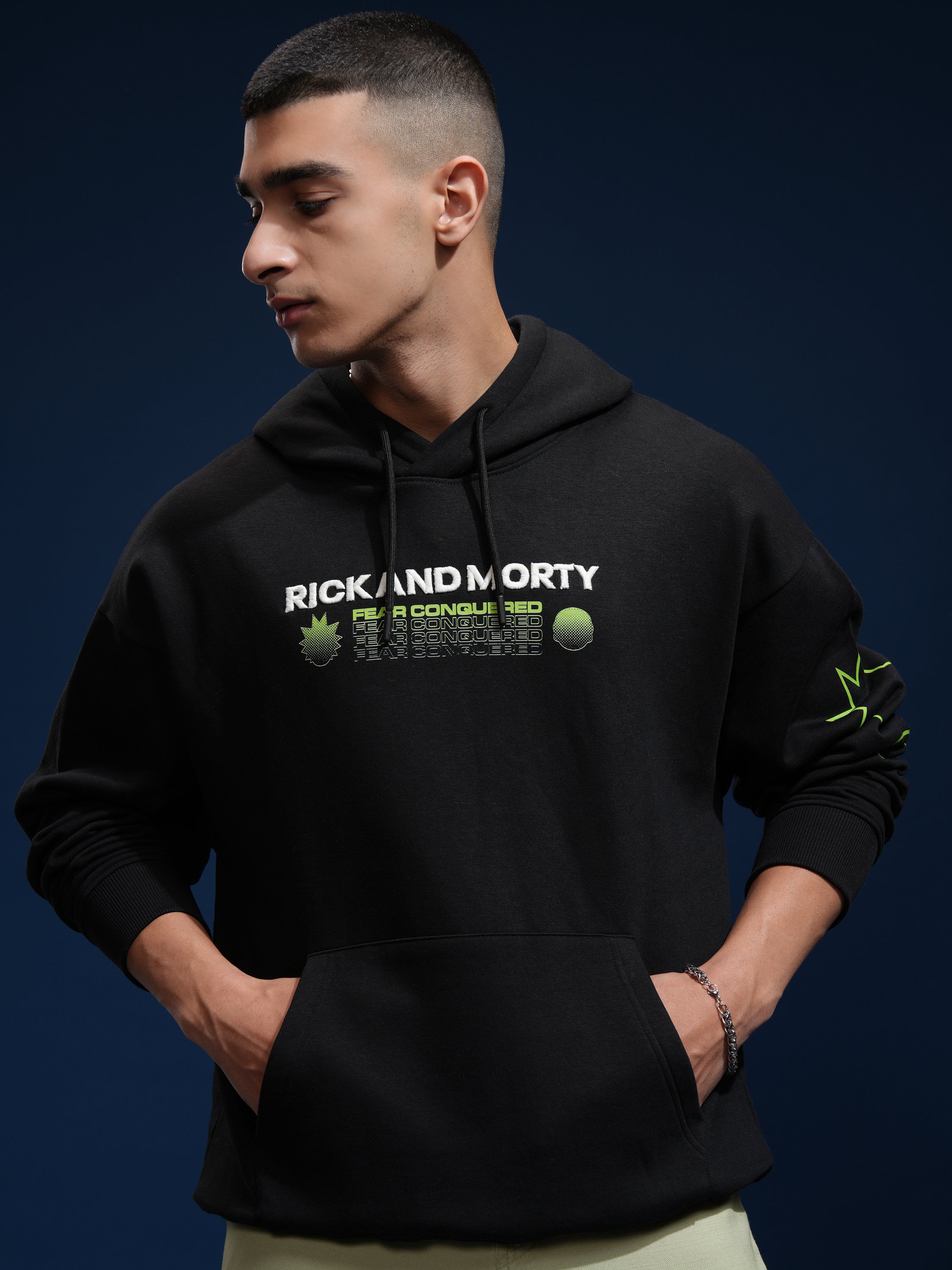 WB By Highlander Men Black Rick And Morty Hooded Pullover Sweatshirt - Black - Image 3