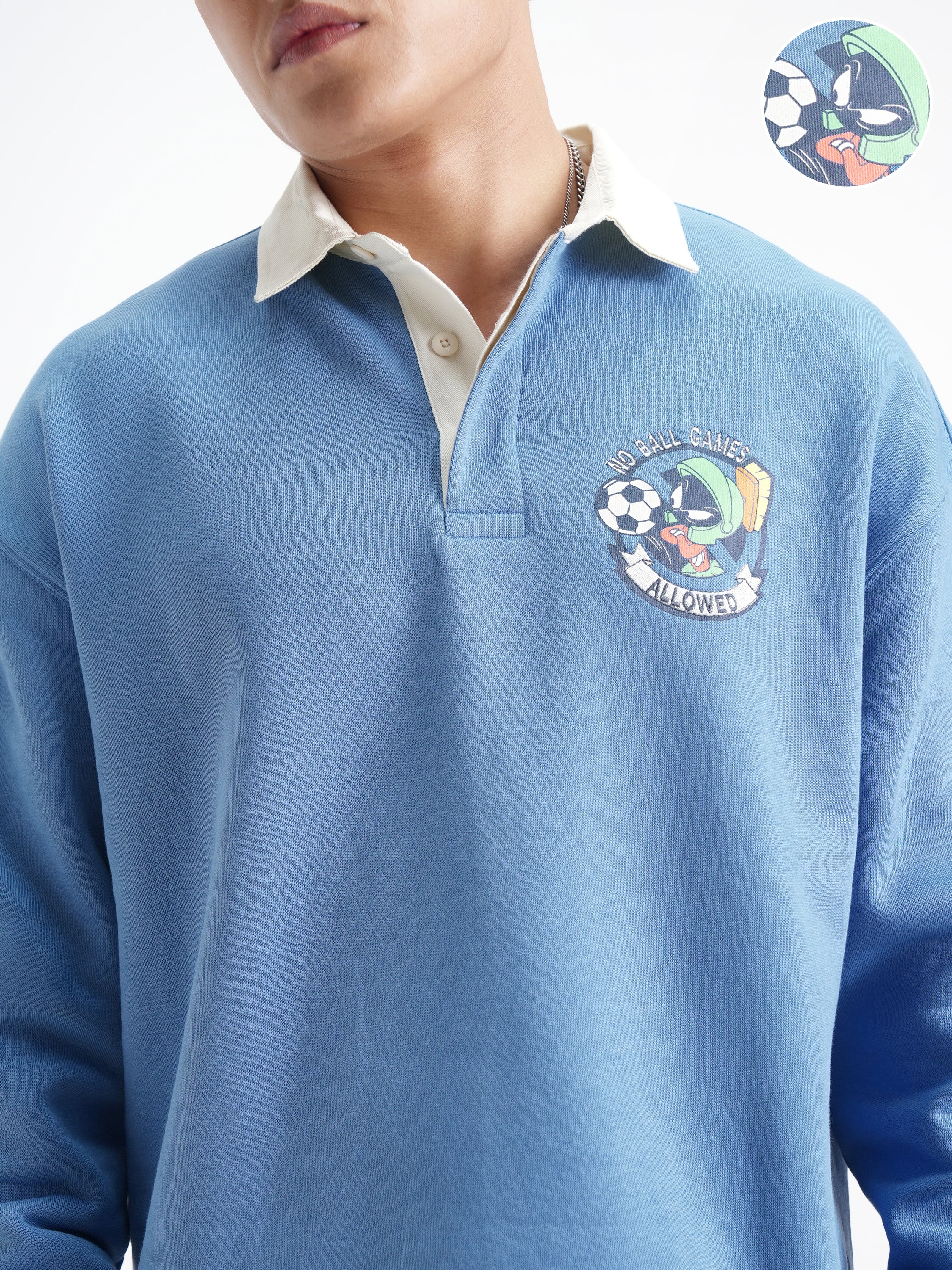WB By Highlander Men Blue Looney Tunes Shirt Collar Pullover Sweatshirt - Blue - Image 5