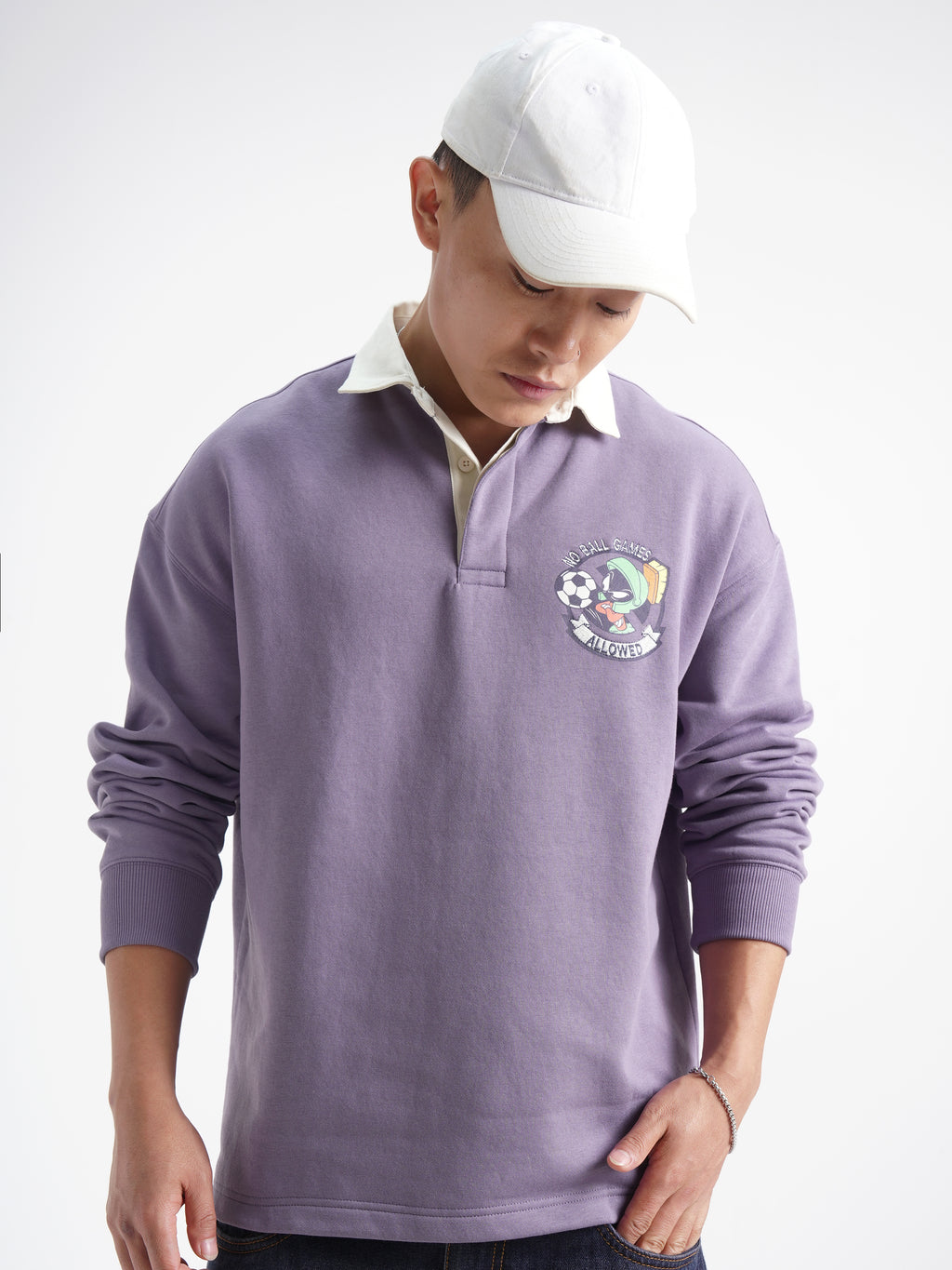 WB By Highlander Men Purple Looney Tunes Shirt Collar Pullover Sweatshirt - Purple - Image 3