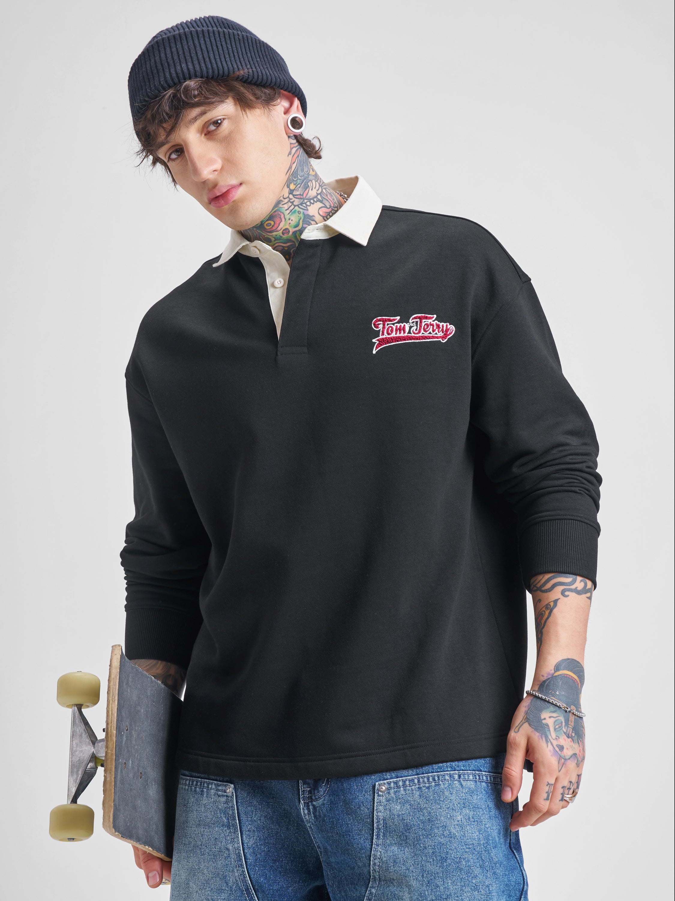 WB By Highlander Men Black Tom And Jerry Shirt Collar Pullover Sweatshirt - Black - Image 3