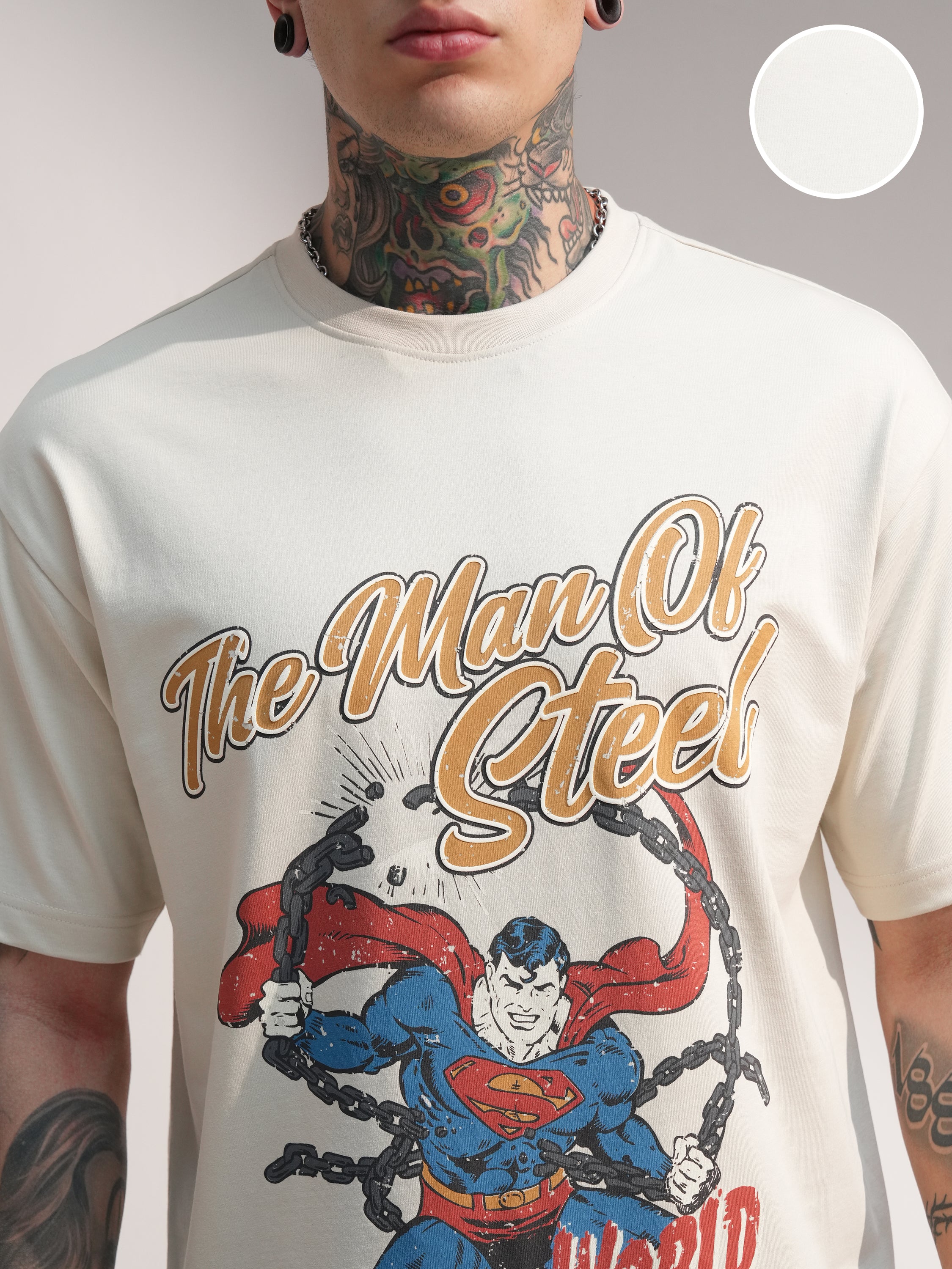 DC By Highlander Men Cream Superman Printed Round Neck T-Shirt - Cream - Image 5