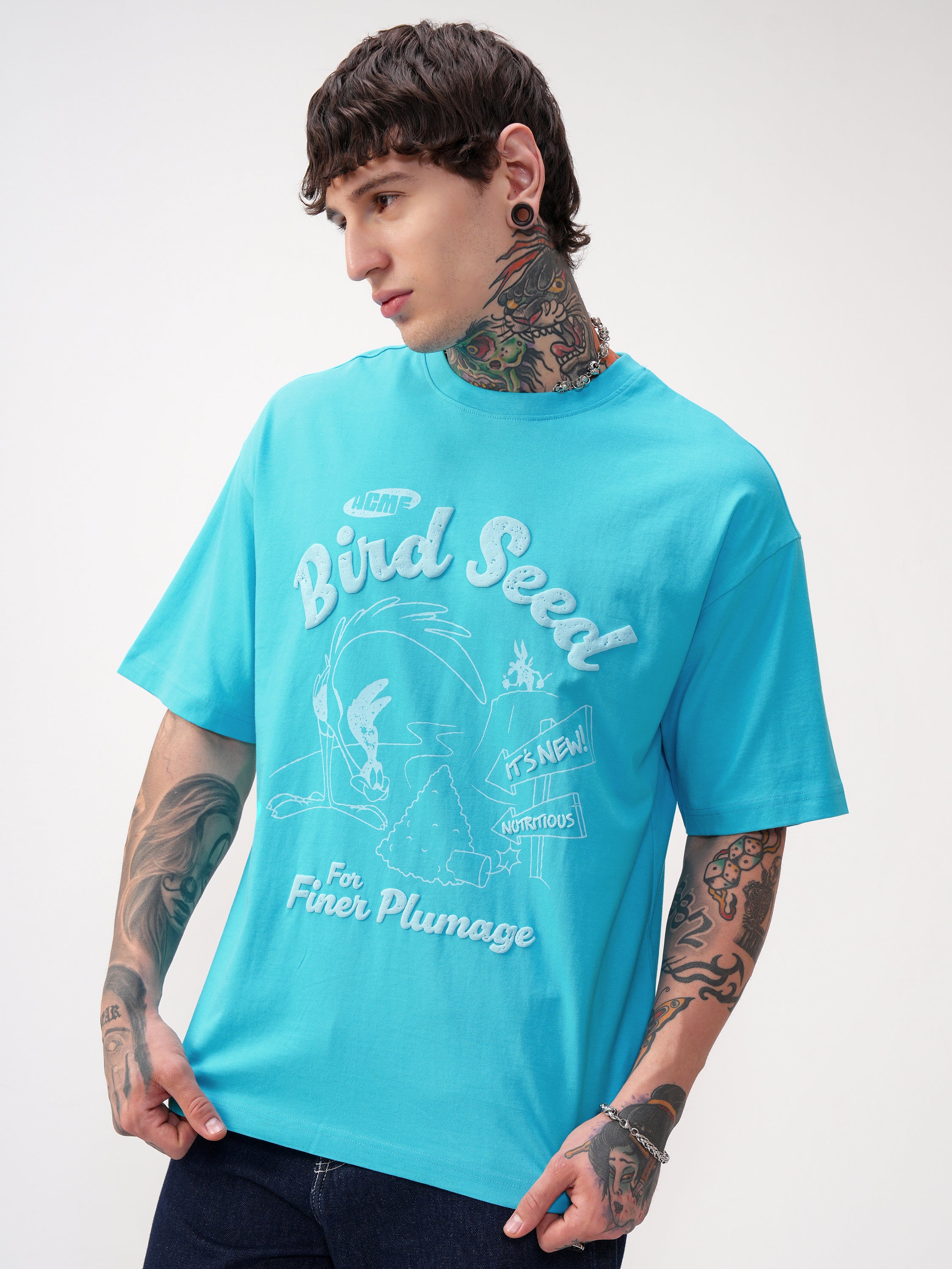 WB By Highlander Men Blue Looney Tunes Printed Round Neck Oversized Fit T-Shirt - Blue - Image 4
