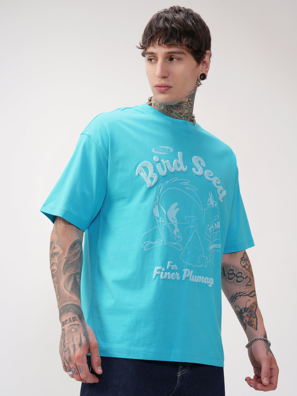 WB By Highlander Men Blue Looney Tunes Printed Round Neck Oversized Fit T-Shirt - Blue - Image 6