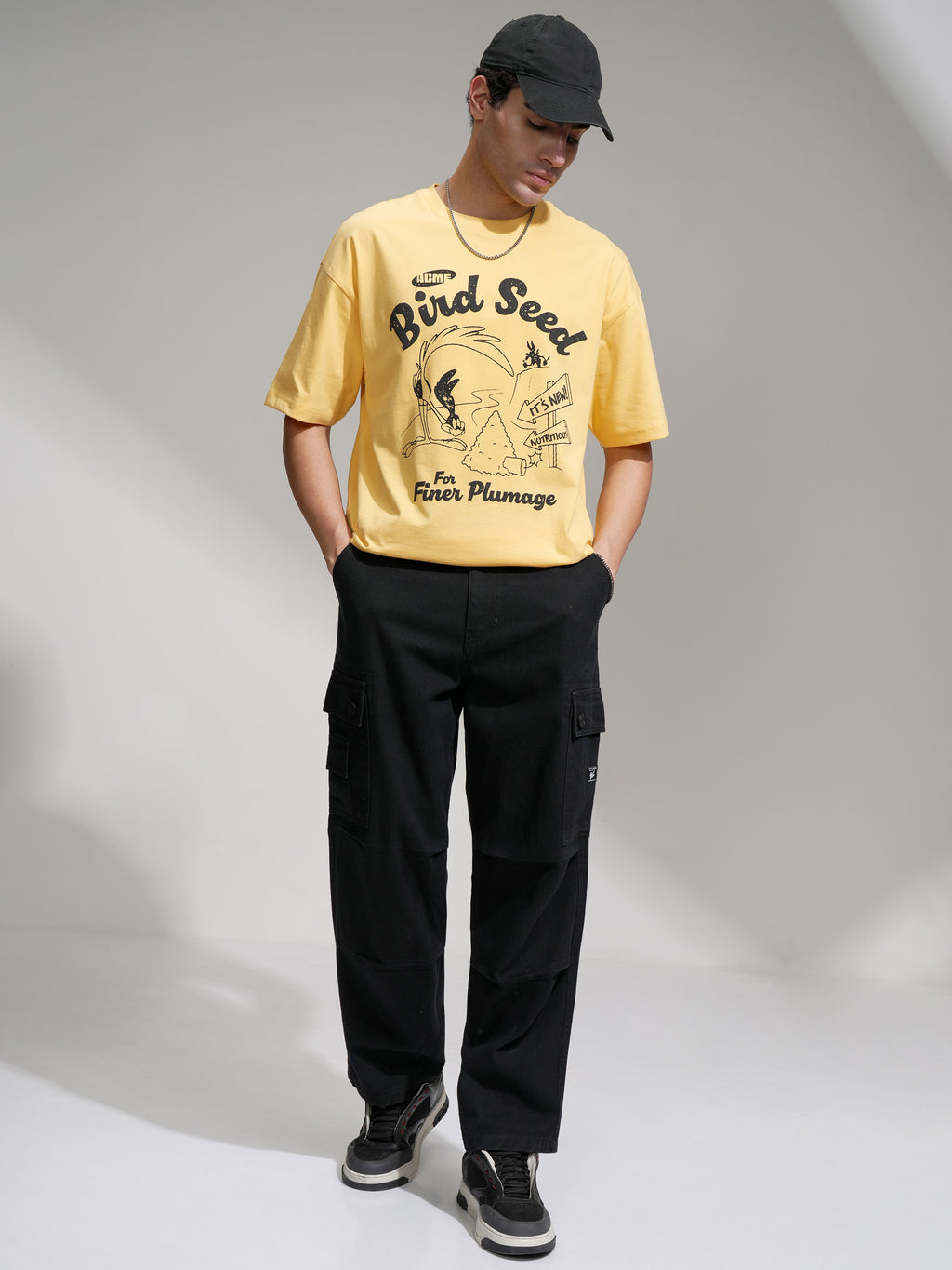 WB By Highlander Men Yellow Looney Tunes Printed Round Neck Oversized Fit T-Shirt - Yellow - Image 2