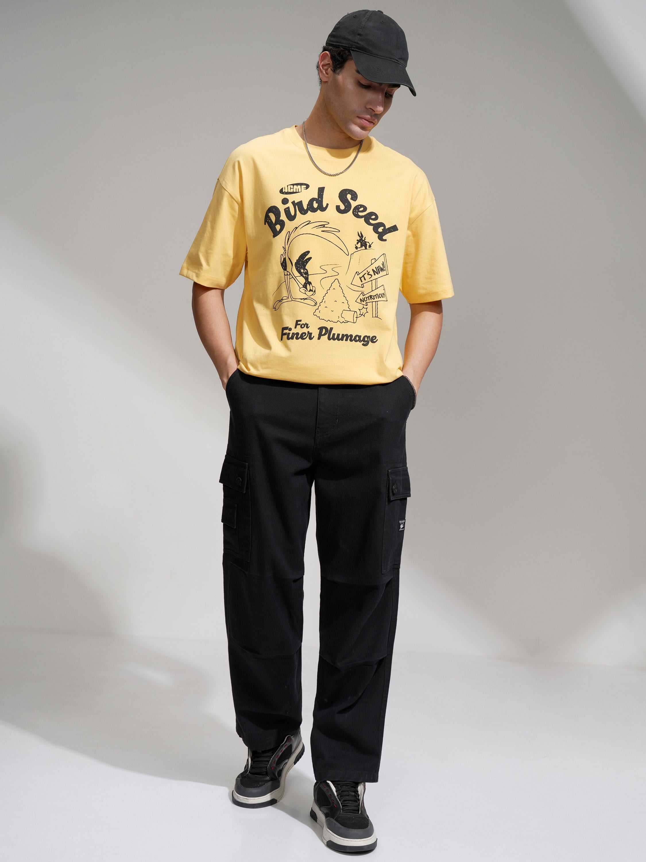 WB By Highlander Men Yellow Looney Tunes Printed Round Neck Oversized Fit T-Shirt - Yellow - Image 2