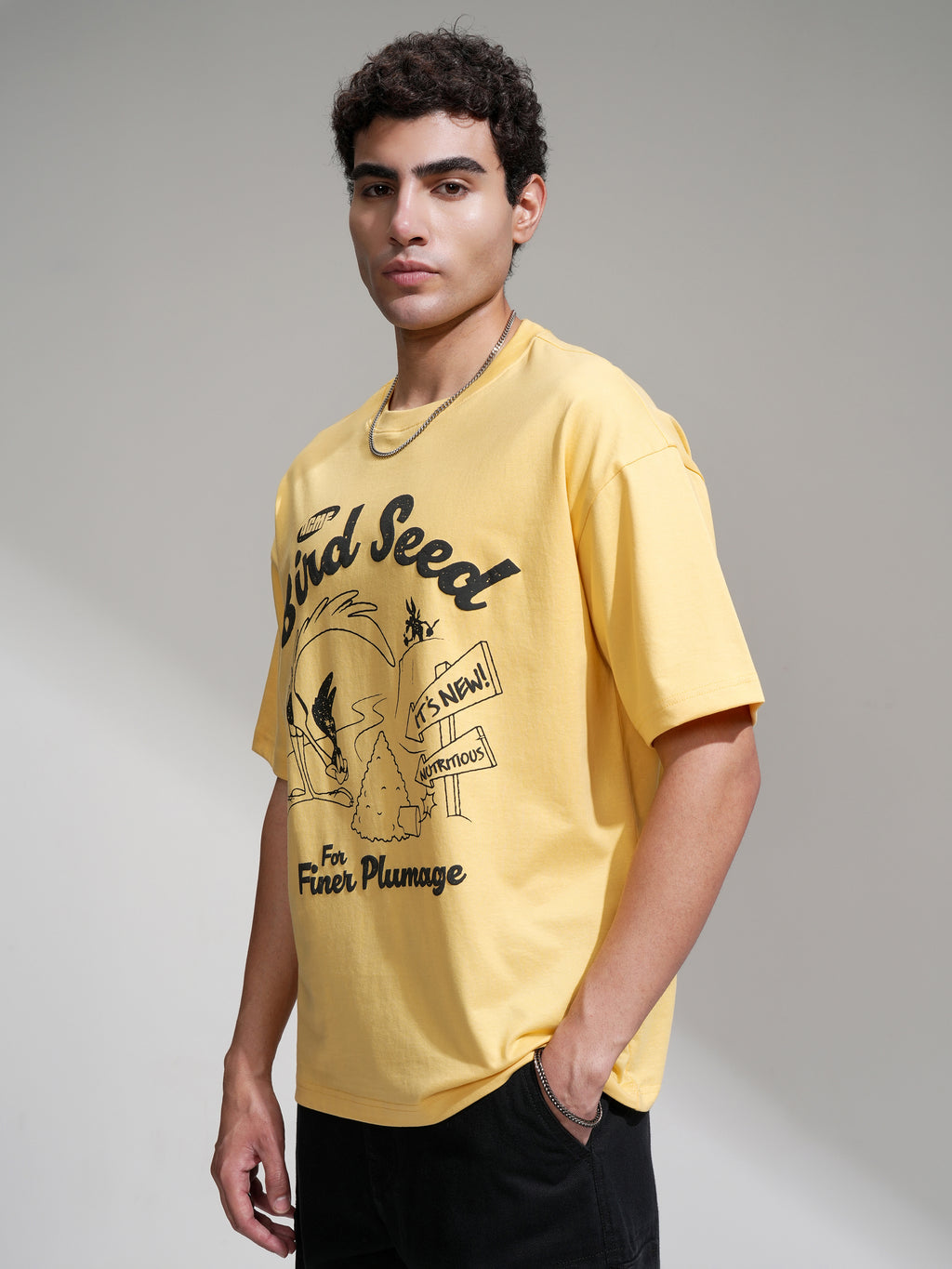 WB By Highlander Men Yellow Looney Tunes Printed Round Neck Oversized Fit T-Shirt - Yellow - Image 4