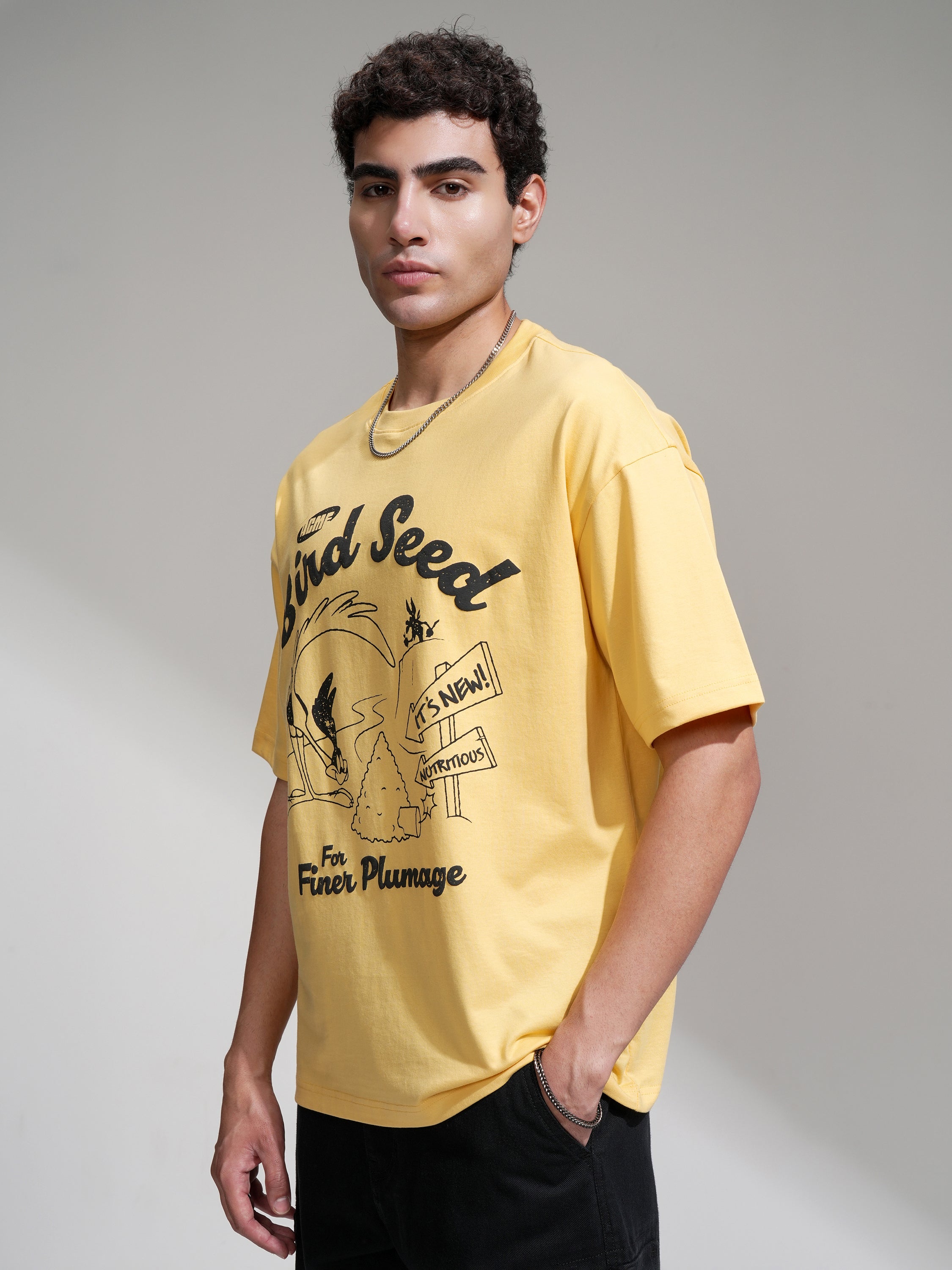 WB By Highlander Men Yellow Looney Tunes Printed Round Neck Oversized Fit T-Shirt - Yellow - Image 4