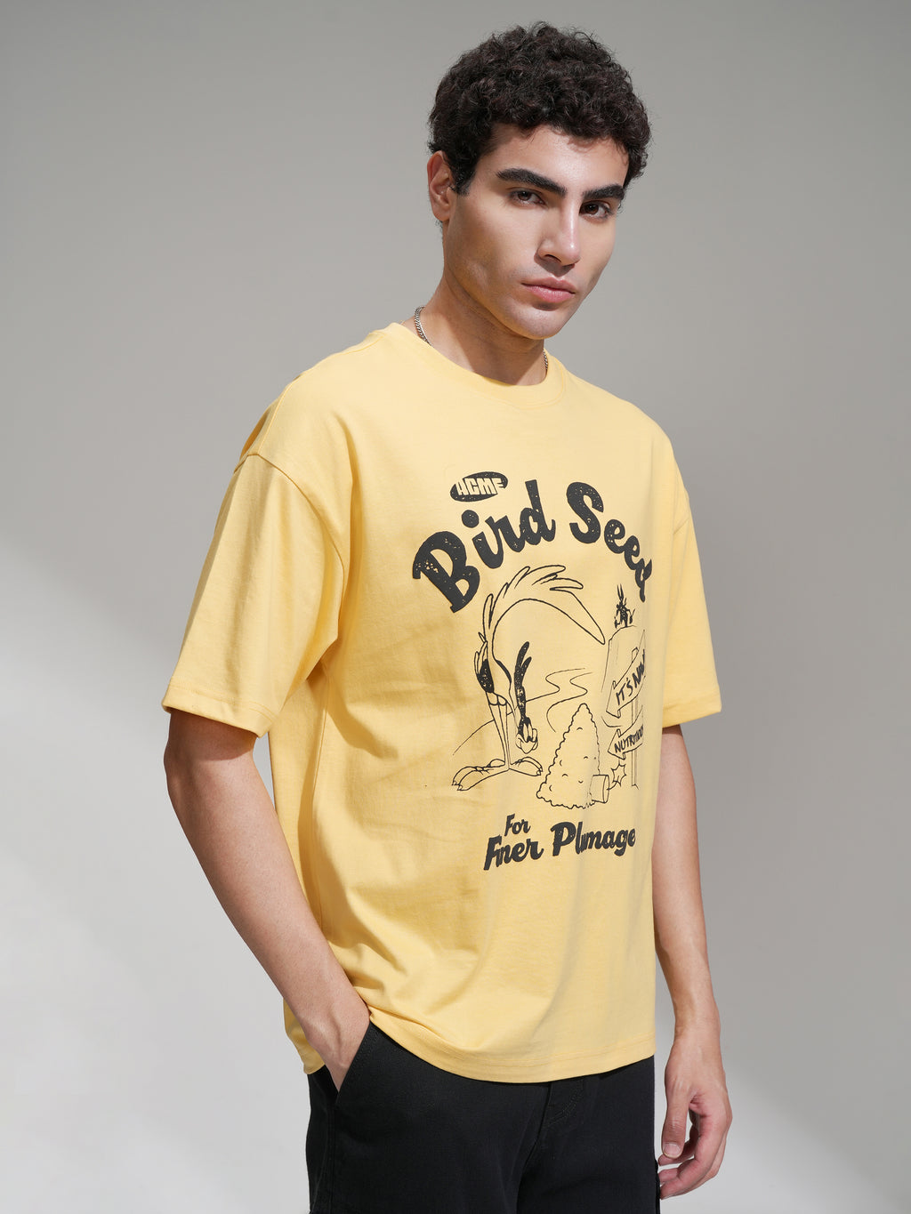 WB By Highlander Men Yellow Looney Tunes Printed Round Neck Oversized Fit T-Shirt - Yellow - Image 6