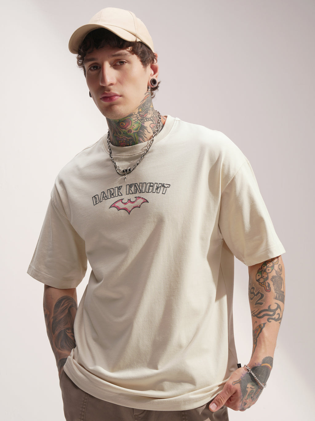 DC By Highlander Men Cream Batman Printed Round Neck Oversized Fit T-Shirt - Cream - Image 3