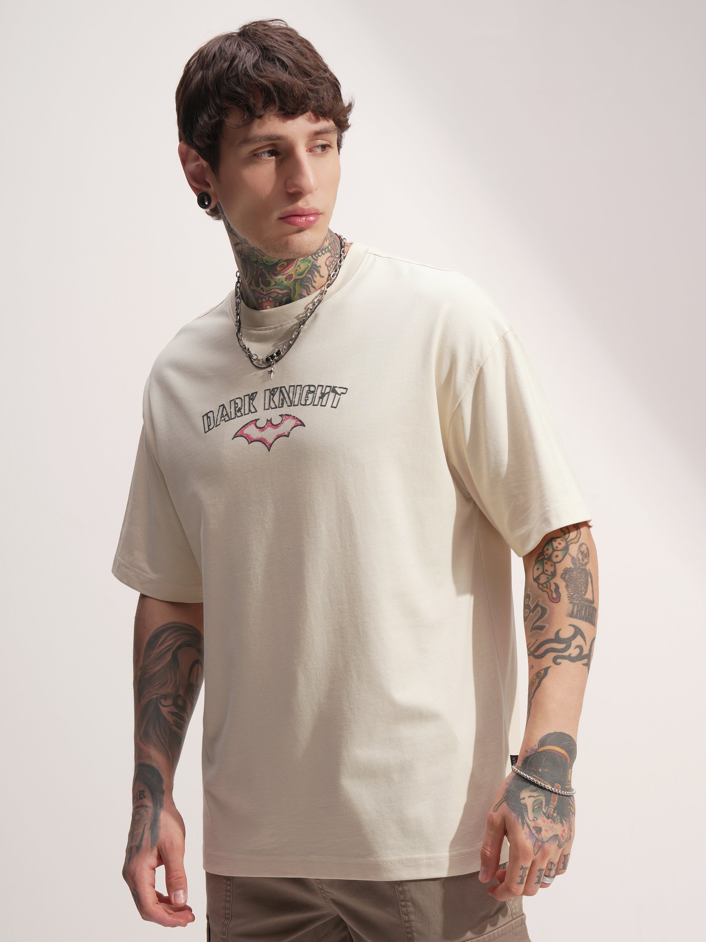 DC By Highlander Men Cream Batman Printed Round Neck Oversized Fit T-Shirt - Cream - Image 4