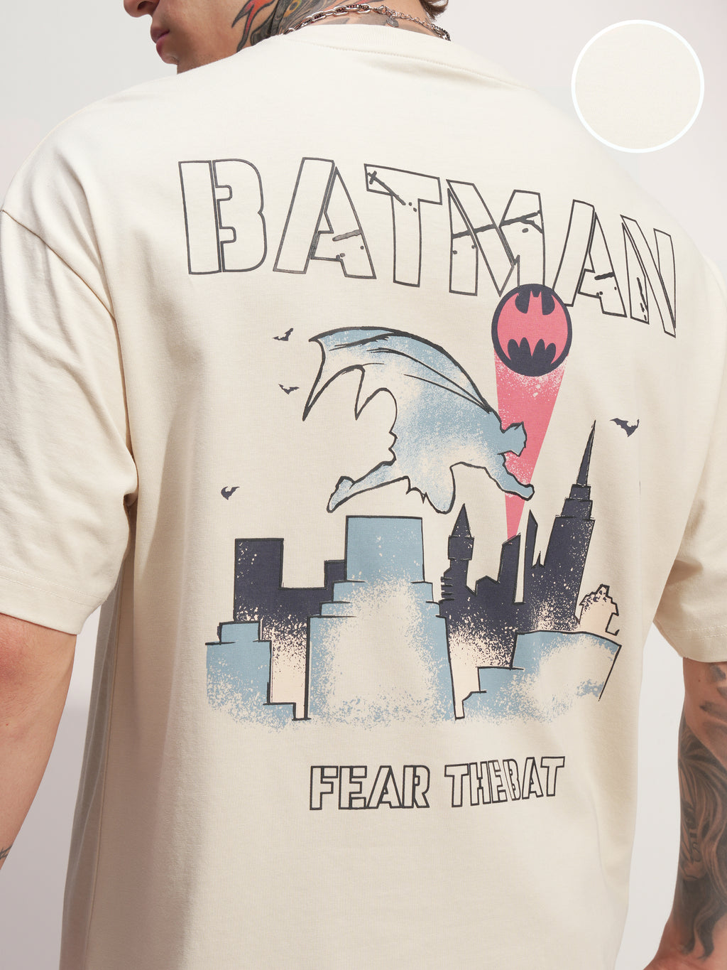 DC By Highlander Men Cream Batman Printed Round Neck Oversized Fit T-Shirt - Cream - Image 5