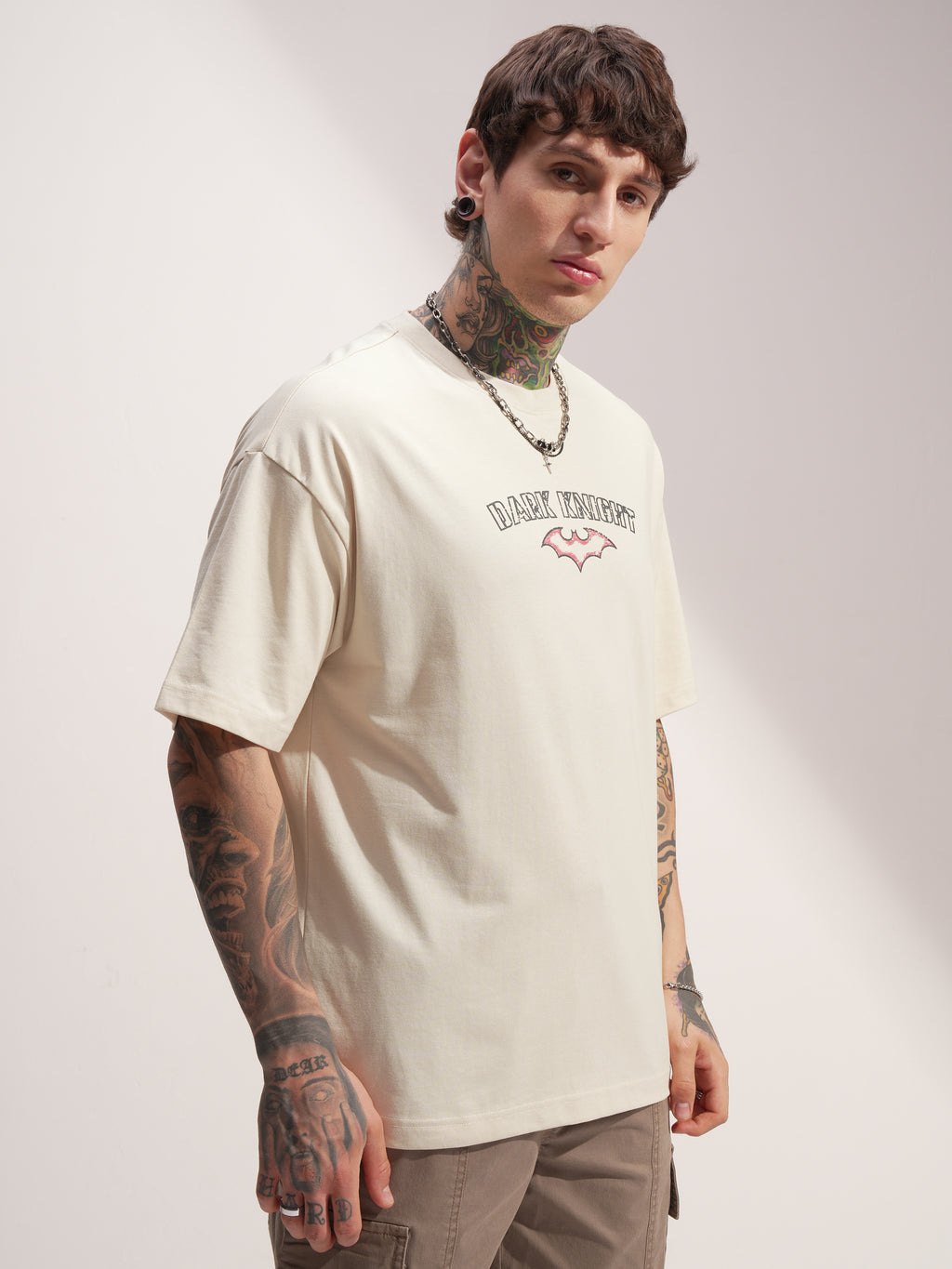 DC By Highlander Men Cream Batman Printed Round Neck Oversized Fit T-Shirt - Cream - Image 6