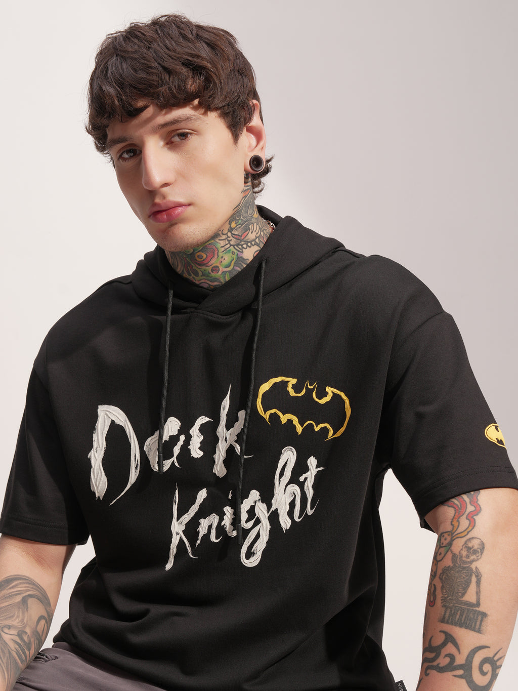 DC By Highlander Men Black Batman Printed Hood Oversized Fit T-Shirt - Black - Image 1