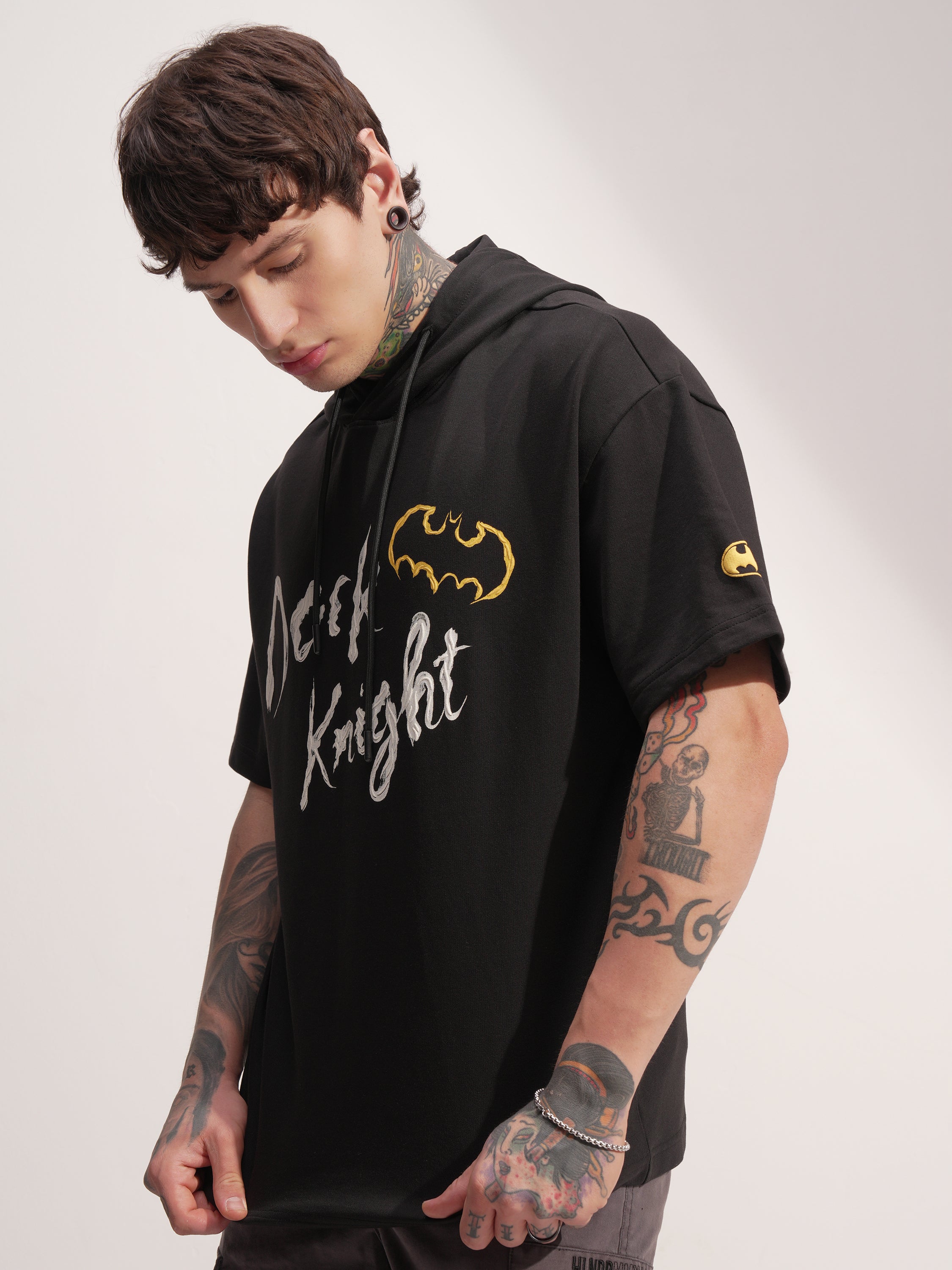 DC By Highlander Men Black Batman Printed Hood Oversized Fit T-Shirt - Black - Image 4