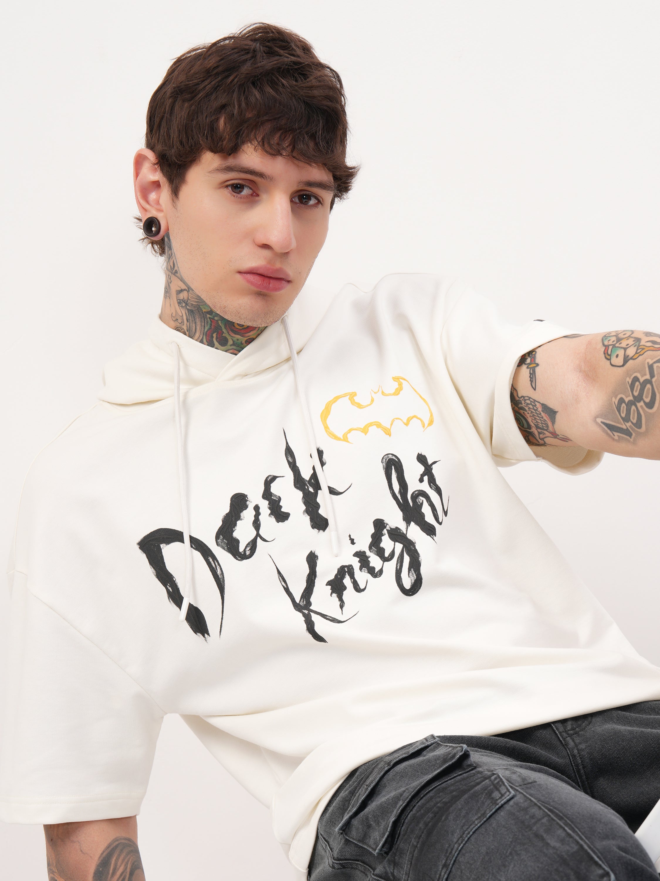 DC By Highlander Men Off White Batman Printed Hood Oversized Fit T-Shirt - Off White - Image 1