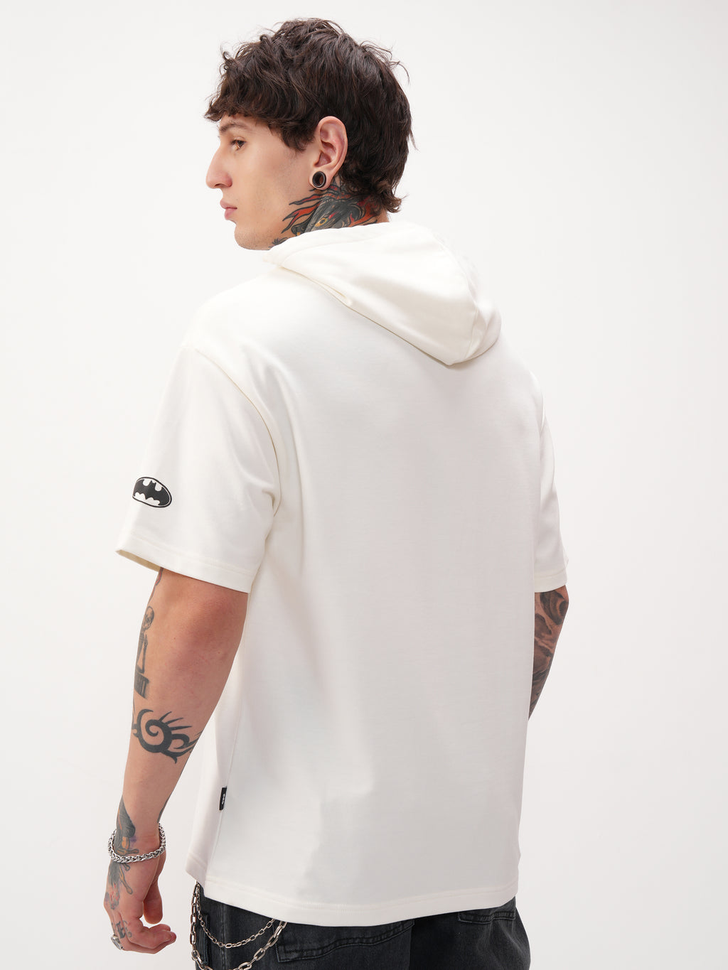 DC By Highlander Men Off White Batman Printed Hood Oversized Fit T-Shirt - Off White - Image 3
