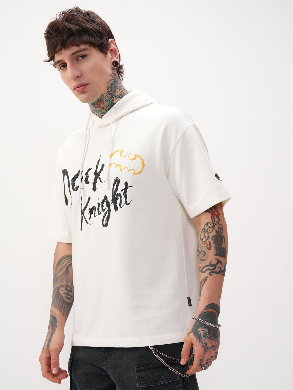 DC By Highlander Men Off White Batman Printed Hood Oversized Fit T-Shirt - Off White - Image 4