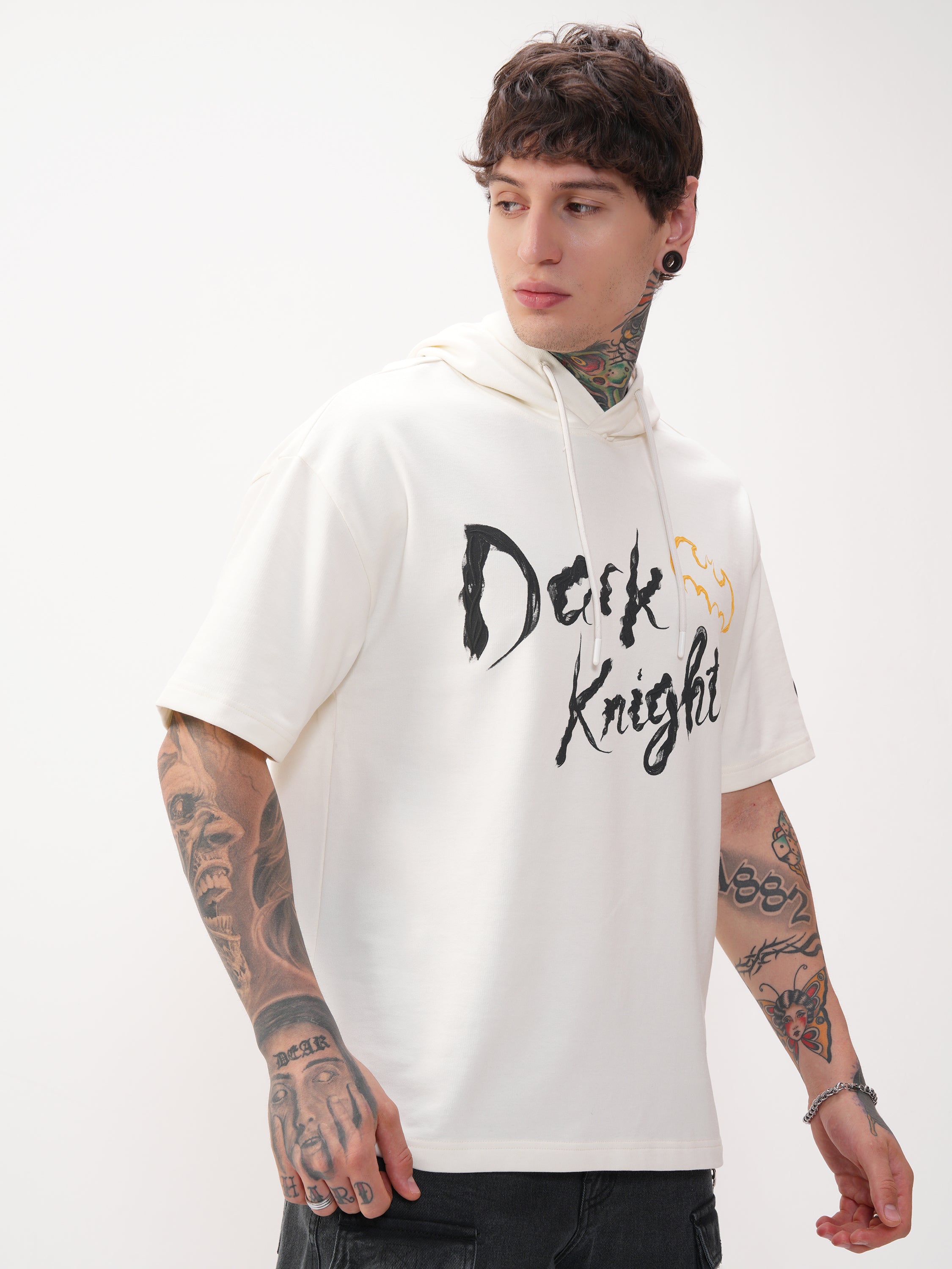 DC By Highlander Men Off White Batman Printed Hood Oversized Fit T-Shirt - Off White - Image 6