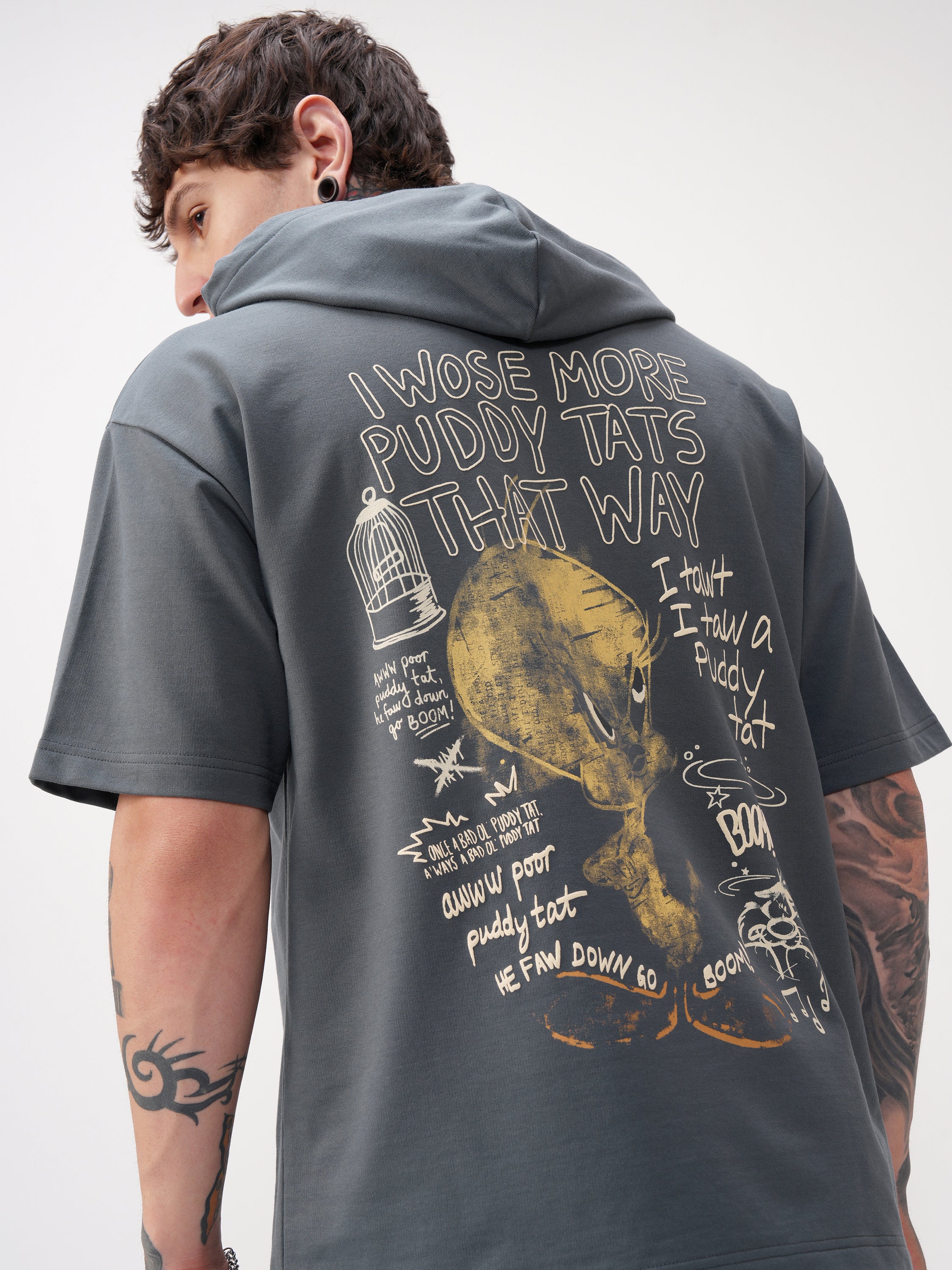 WB By Highlander Men Grey Looney Tunes Printed Hood Oversized Fit T-Shirt - Grey - Image 1