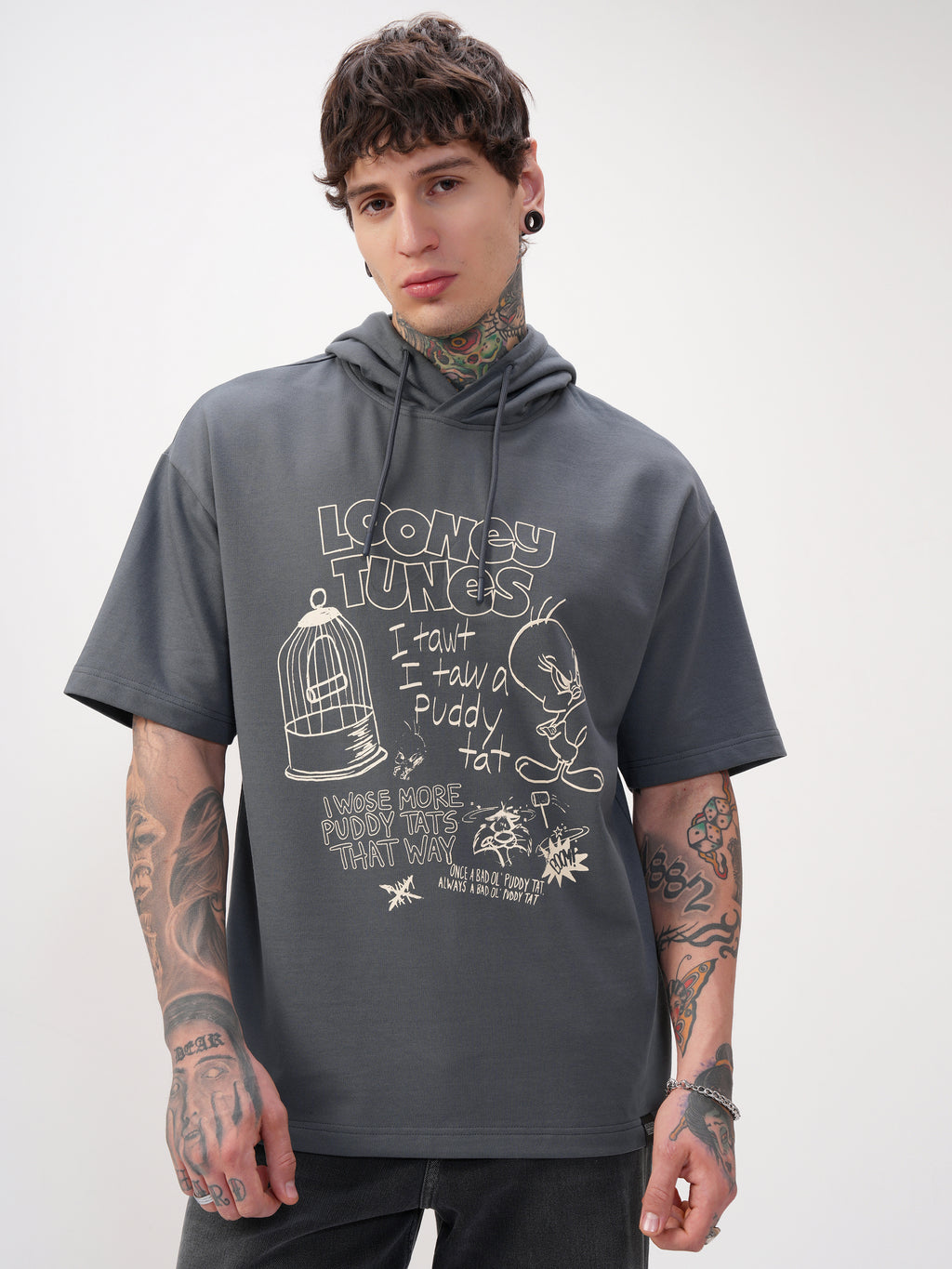 WB By Highlander Men Grey Looney Tunes Printed Hood Oversized Fit T-Shirt - Grey - Image 3