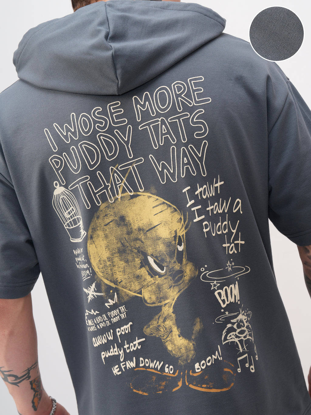 WB By Highlander Men Grey Looney Tunes Printed Hood Oversized Fit T-Shirt - Grey - Image 5