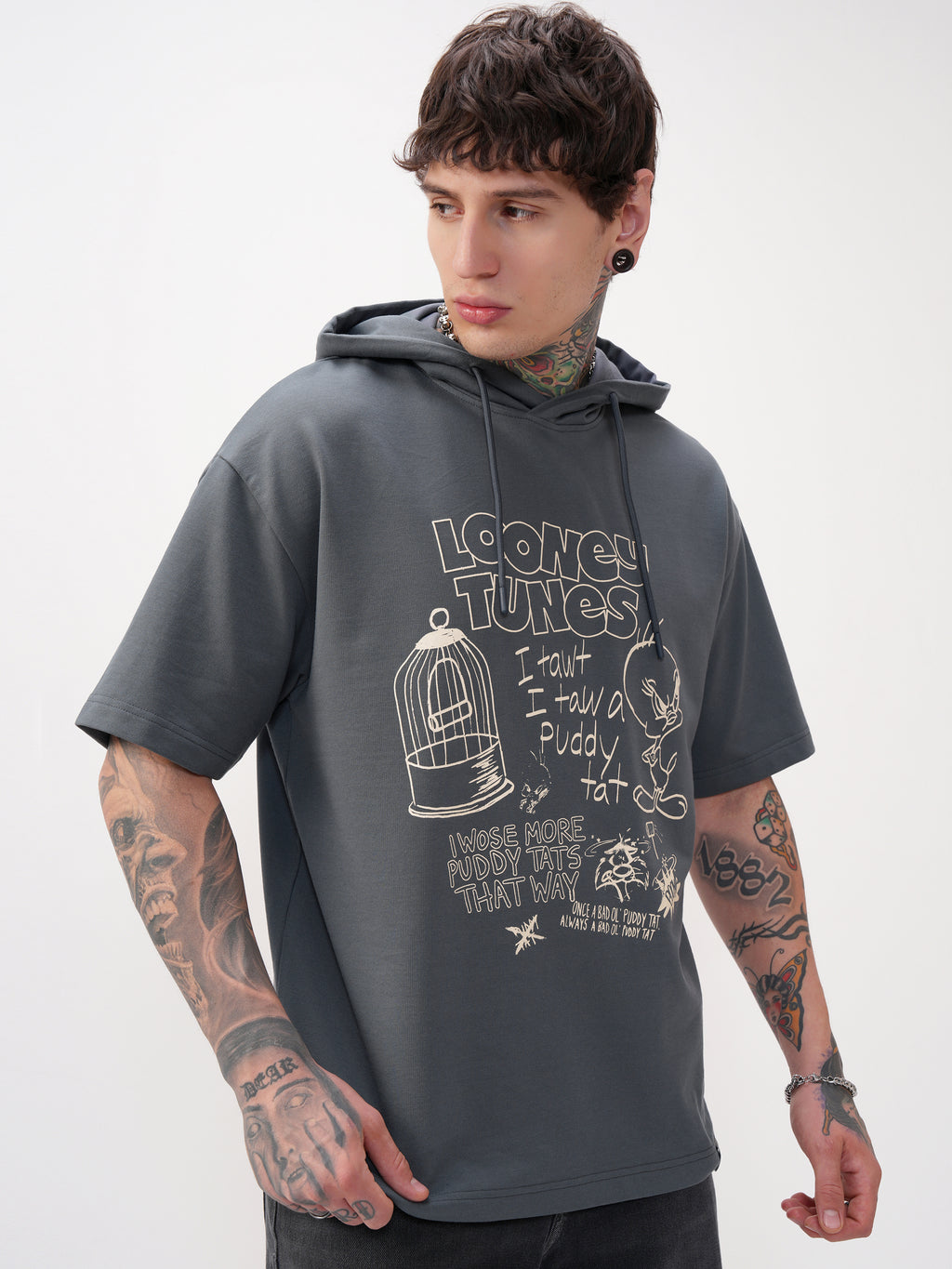 WB By Highlander Men Grey Looney Tunes Printed Hood Oversized Fit T-Shirt - Grey - Image 6