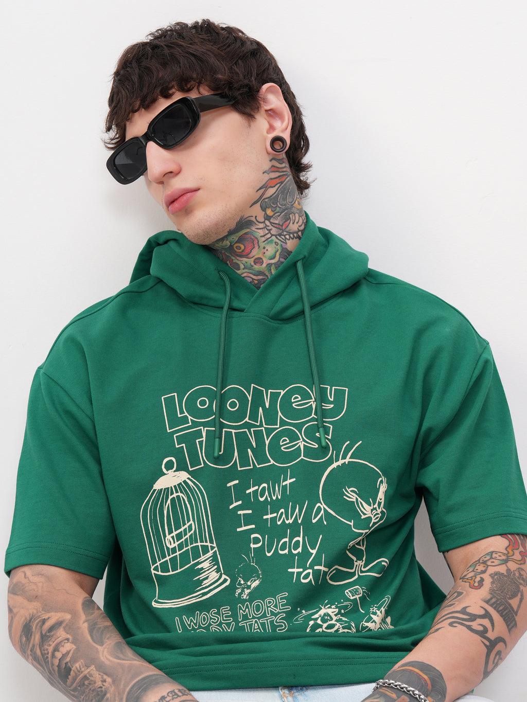 WB By Highlander Men Green Looney Tunes Printed Hood Oversized Fit T-Shirt - Green - Image 1