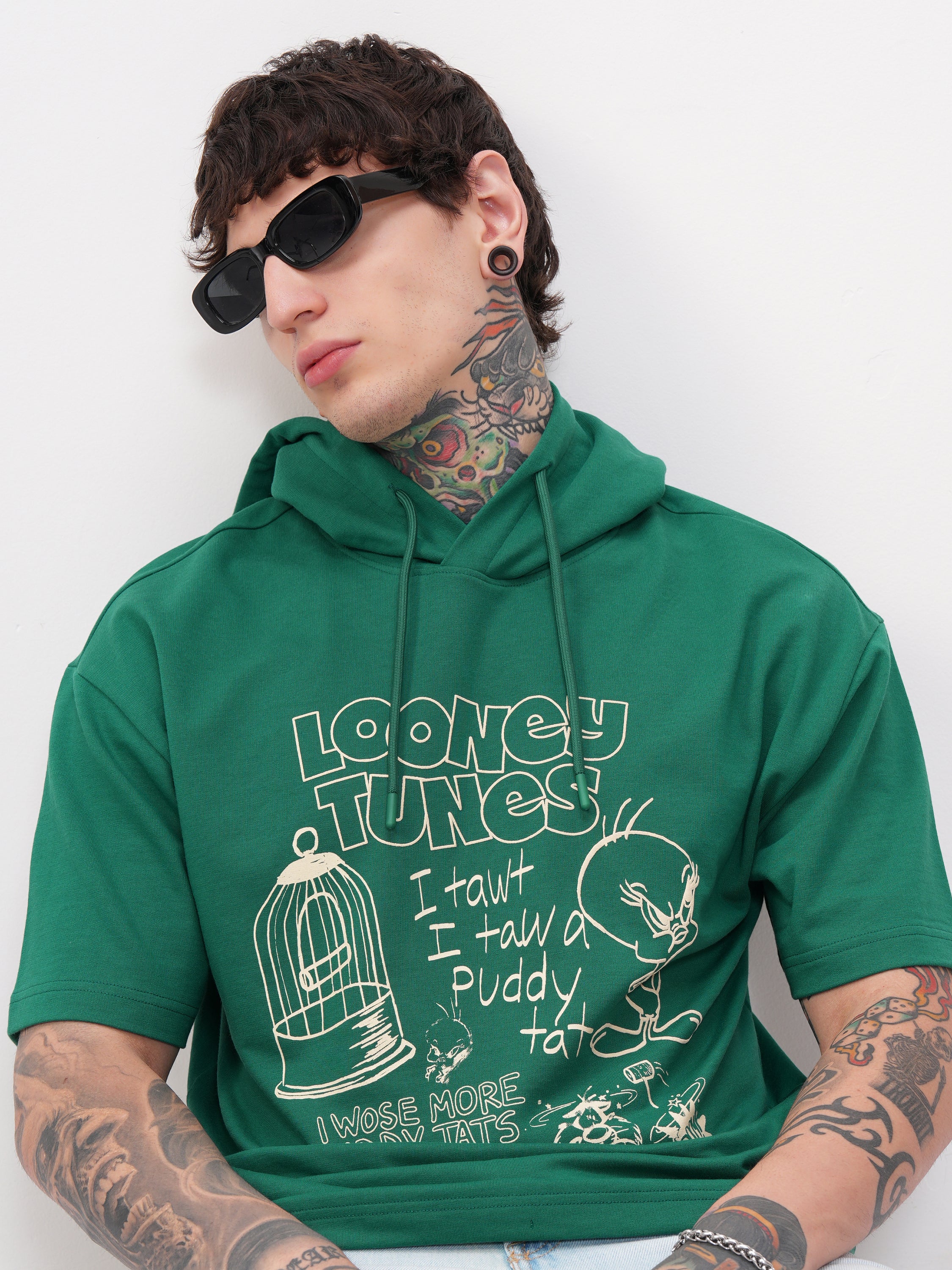 WB By Highlander Men Green Looney Tunes Printed Hood Oversized Fit T-Shirt - Green - Image 1