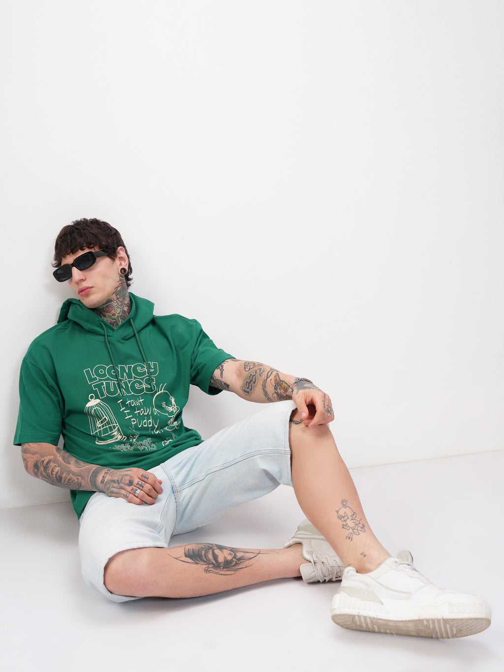 WB By Highlander Men Green Looney Tunes Printed Hood Oversized Fit T-Shirt - Green - Image 2