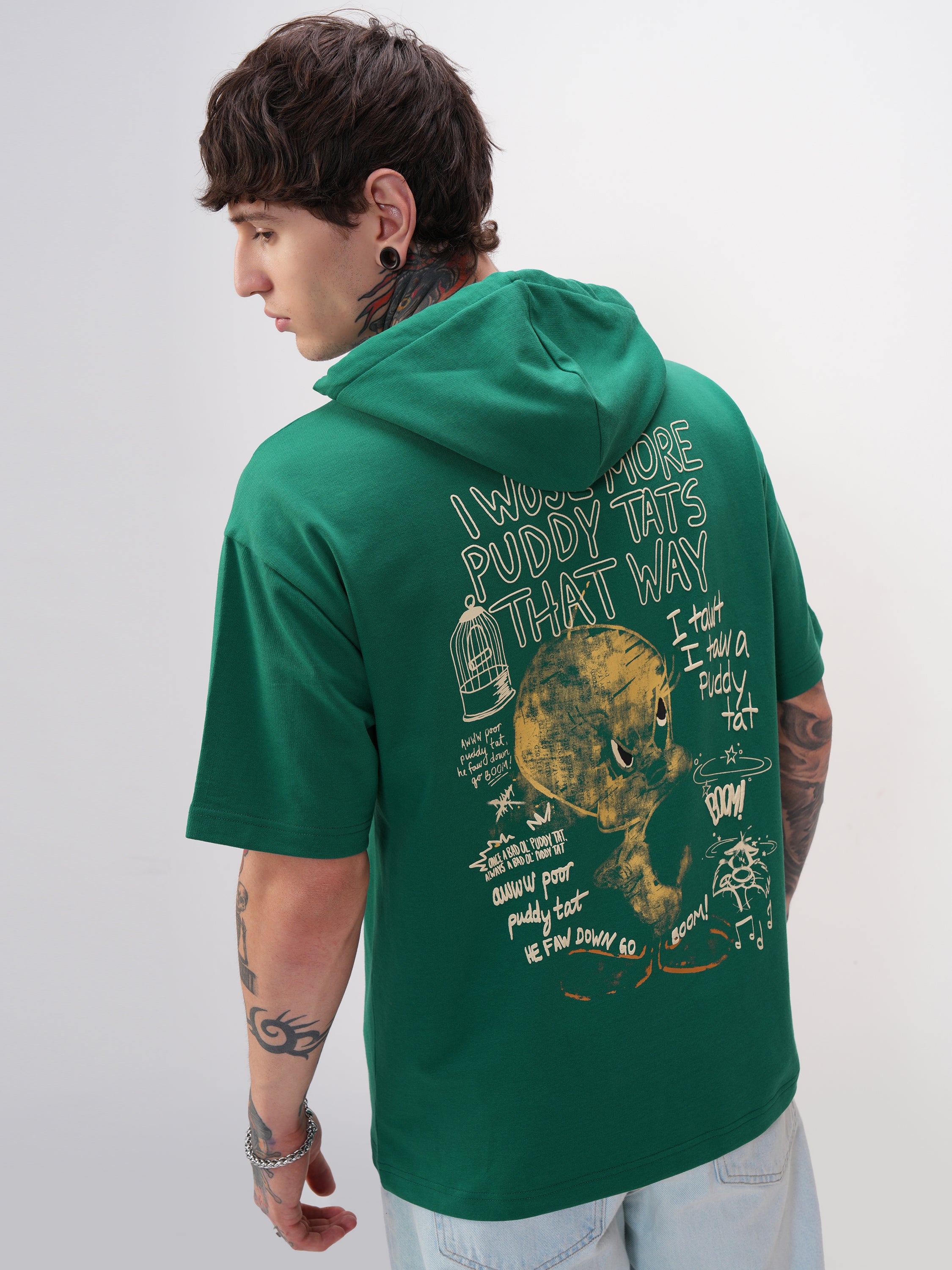 WB By Highlander Men Green Looney Tunes Printed Hood Oversized Fit T-Shirt - Green - Image 3