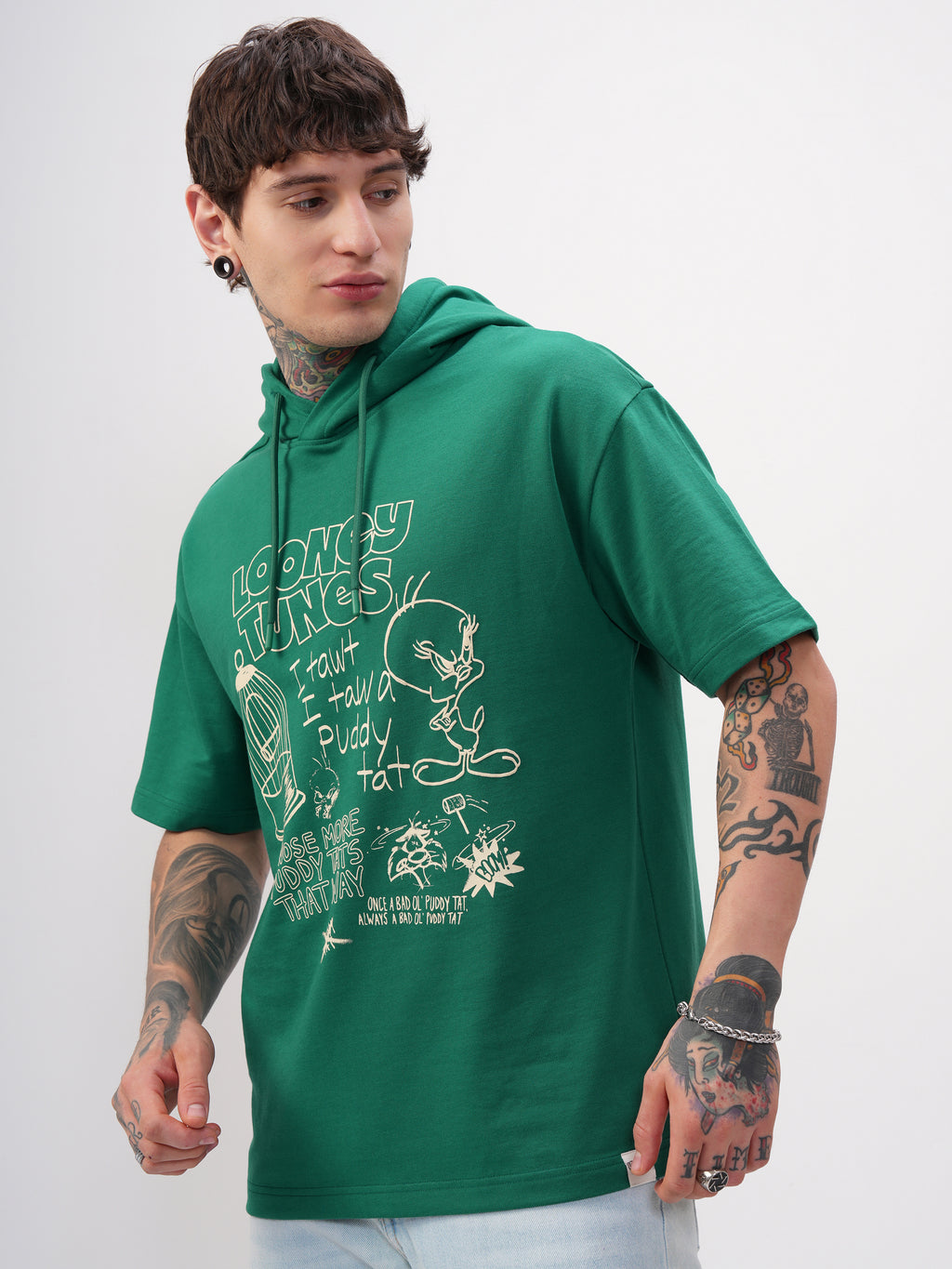 WB By Highlander Men Green Looney Tunes Printed Hood Oversized Fit T-Shirt - Green - Image 4